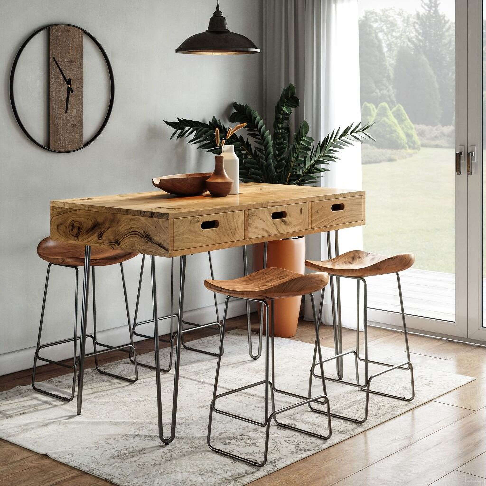 The appearance of Rollins 52 Inch Dining Room Set with 4 Backless Barstools In Natural designed by Jofran in the modern / contemporary interior design. This natural piece of furniture  was selected by 1StopBedrooms from Rollins Collection to add a touch of cosiness and style into your home. Sku: 2085-52;1985-BS160KD;1985-BS160KD. Material: Acacia.
