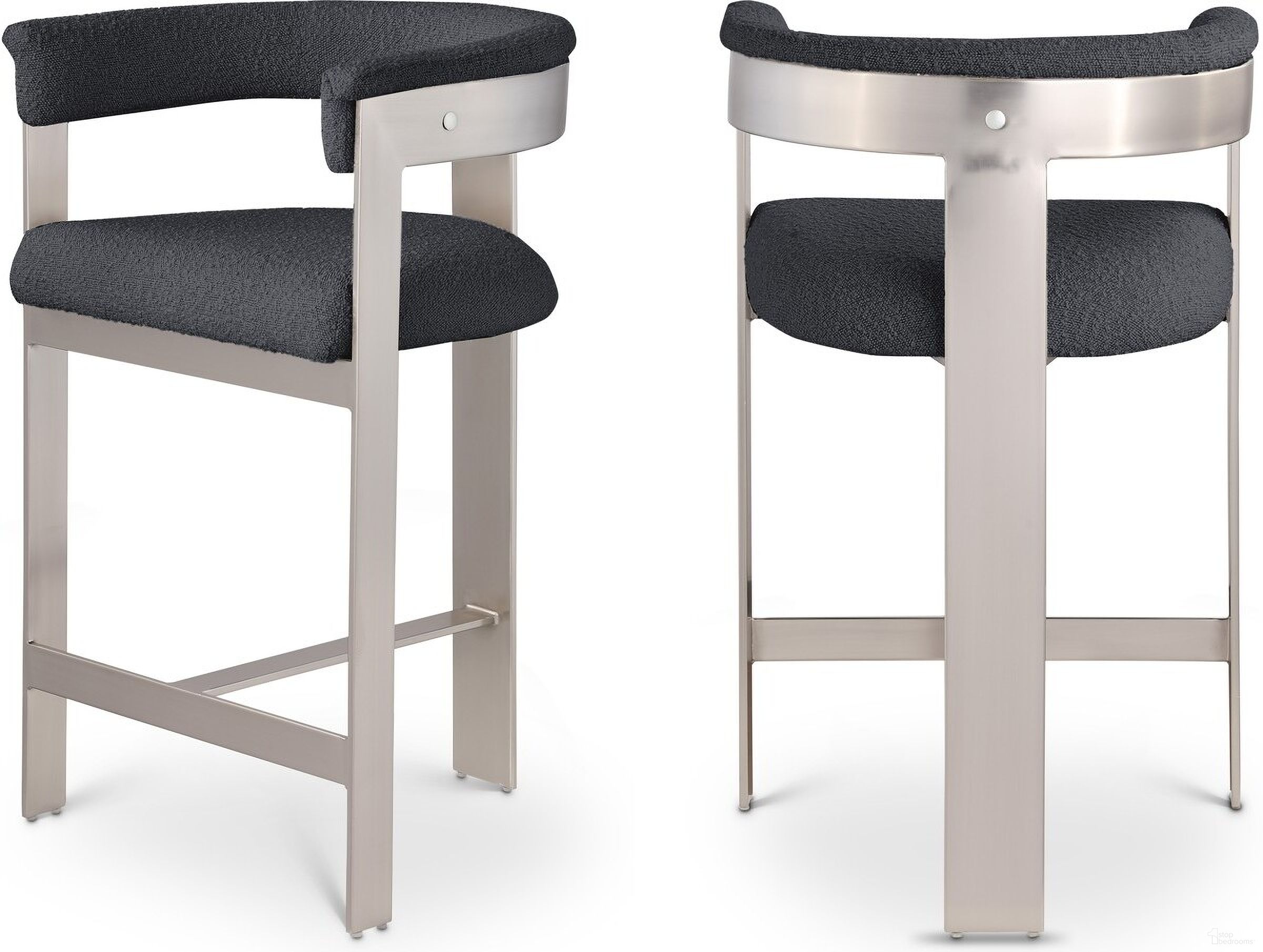The appearance of Romeo Boucle Fabric Counter Stool Set of 2 In Black/Brushed Chrome designed by Meridian in the modern / contemporary interior design. This black piece of furniture was selected by 1StopBedrooms from Romeo Collection to add a touch of cosiness and style into your home. Sku: 739Black-C. Material: Wood.