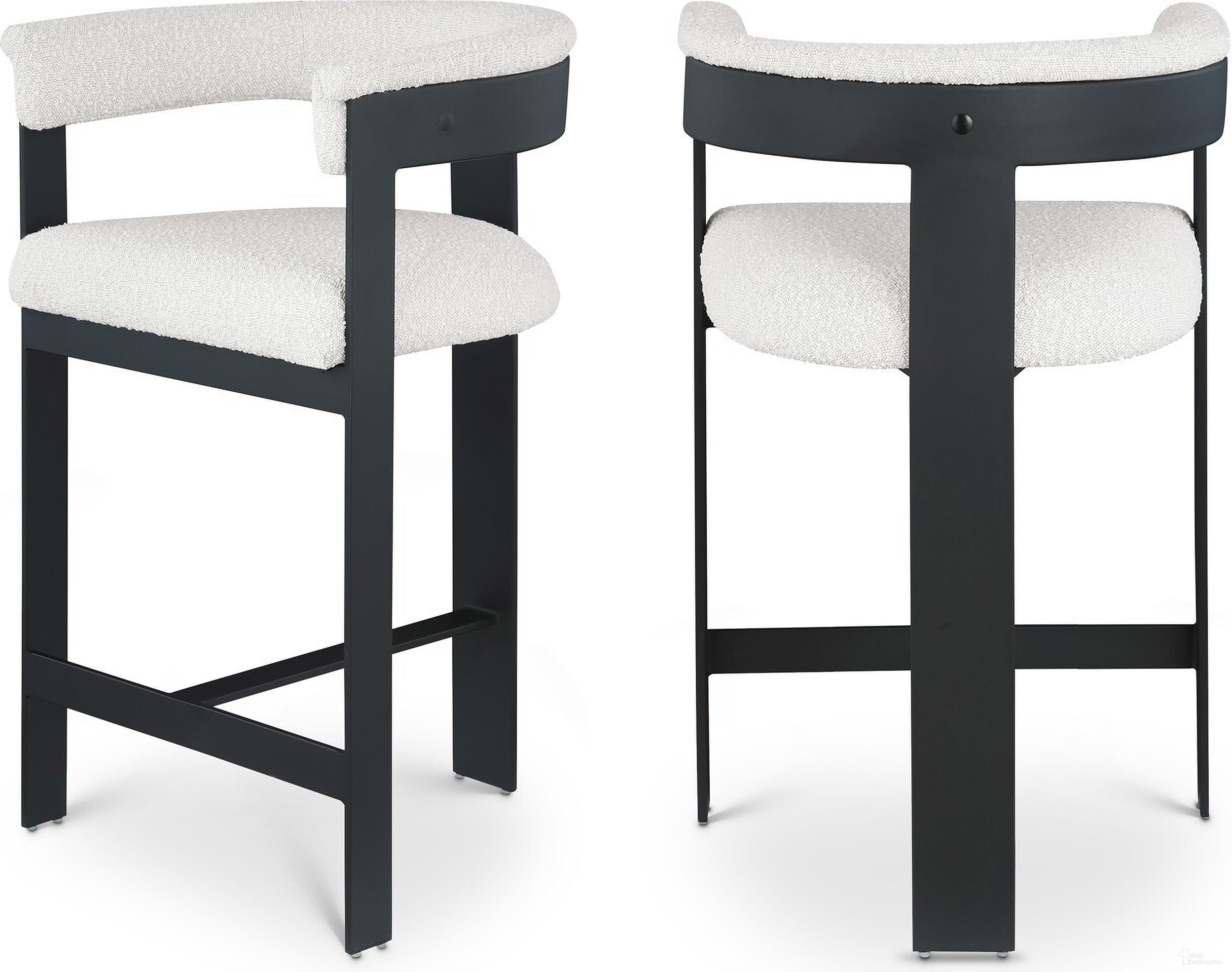 The appearance of Romeo Boucle Fabric Counter Stool Set of 2 In Cream/Matte Black designed by Meridian in the modern / contemporary interior design. This cream piece of furniture  was selected by 1StopBedrooms from Romeo Collection to add a touch of cosiness and style into your home. Sku: 415Cream-C. Material: Wood.