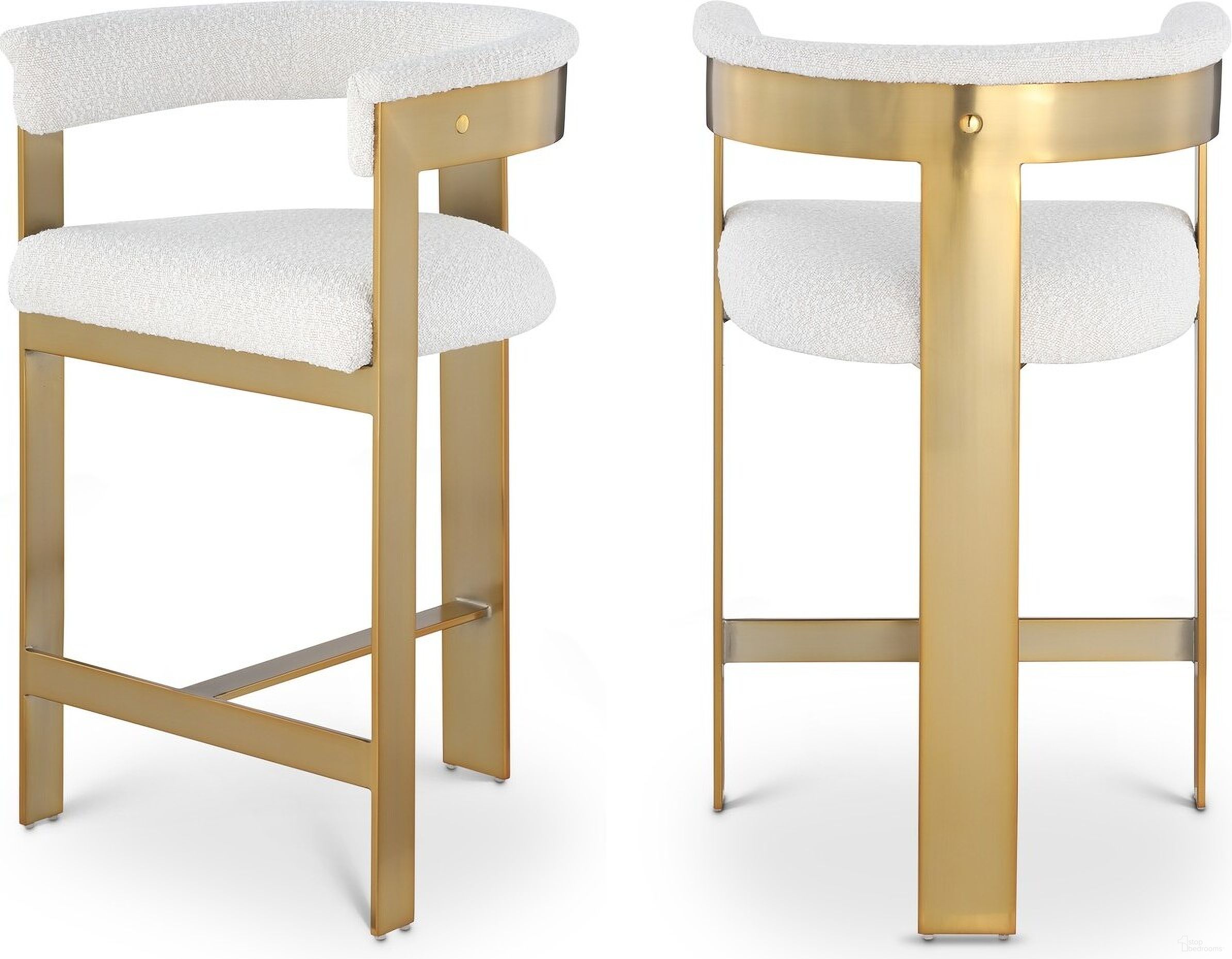 The appearance of Romeo Boucle Fabric Counter Stool Set of 2 In Cream/Brushed Gold designed by Meridian in the modern / contemporary interior design. This cream piece of furniture was selected by 1StopBedrooms from Romeo Collection to add a touch of cosiness and style into your home. Sku: 876Cream-C. Material: Wood.