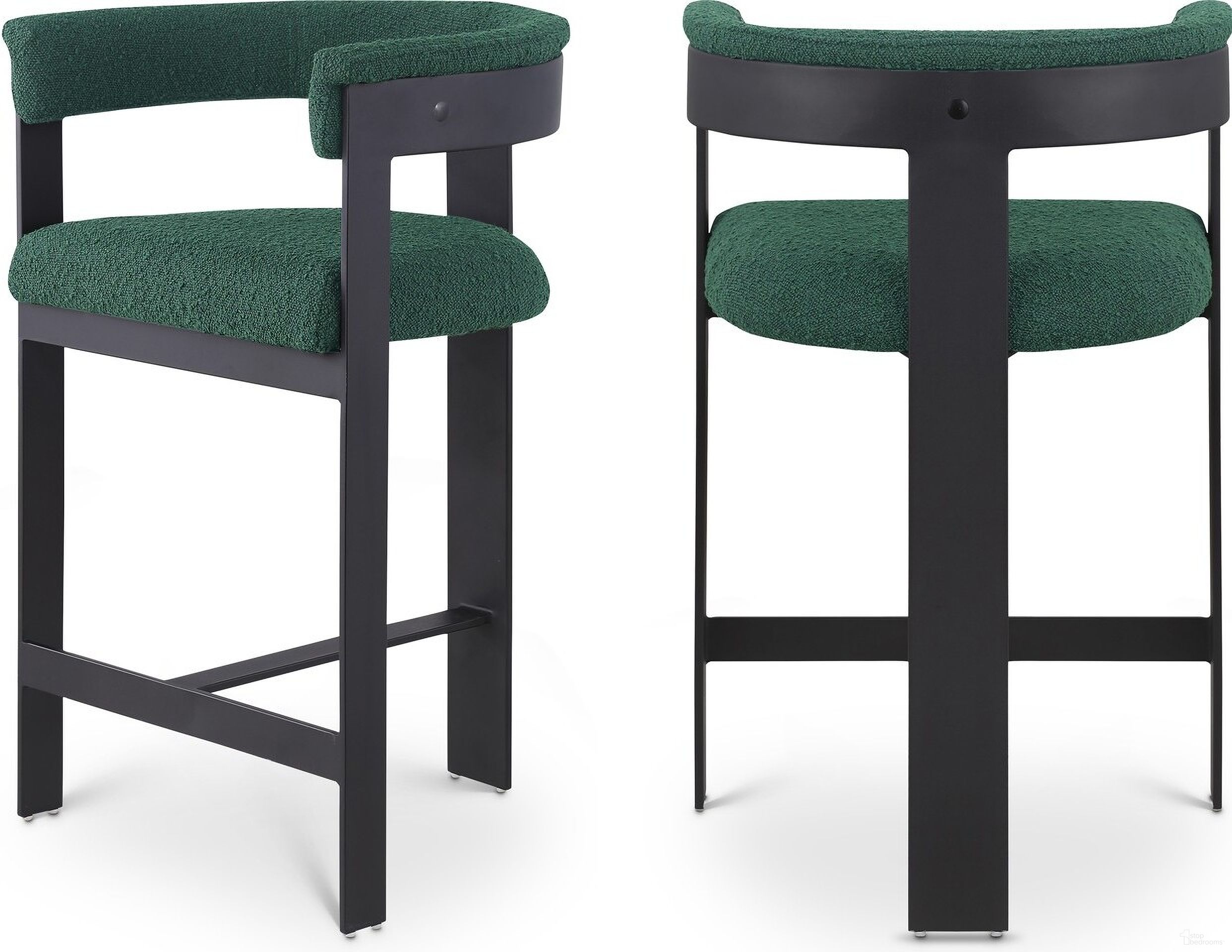 The appearance of Romeo Boucle Fabric Counter Stool Set of 2 In Green/Matte Black designed by Meridian in the modern / contemporary interior design. This green piece of furniture was selected by 1StopBedrooms from Romeo Collection to add a touch of cosiness and style into your home. Sku: 415Green-C. Material: Wood.