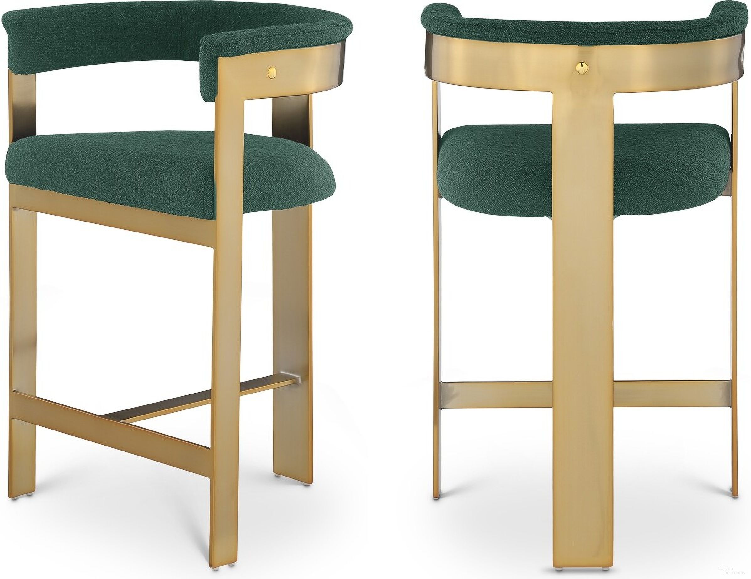 The appearance of Romeo Boucle Fabric Counter Stool Set of 2 In Green/Brushed Gold designed by Meridian in the modern / contemporary interior design. This green piece of furniture was selected by 1StopBedrooms from Romeo Collection to add a touch of cosiness and style into your home. Sku: 876Green-C. Material: Wood.