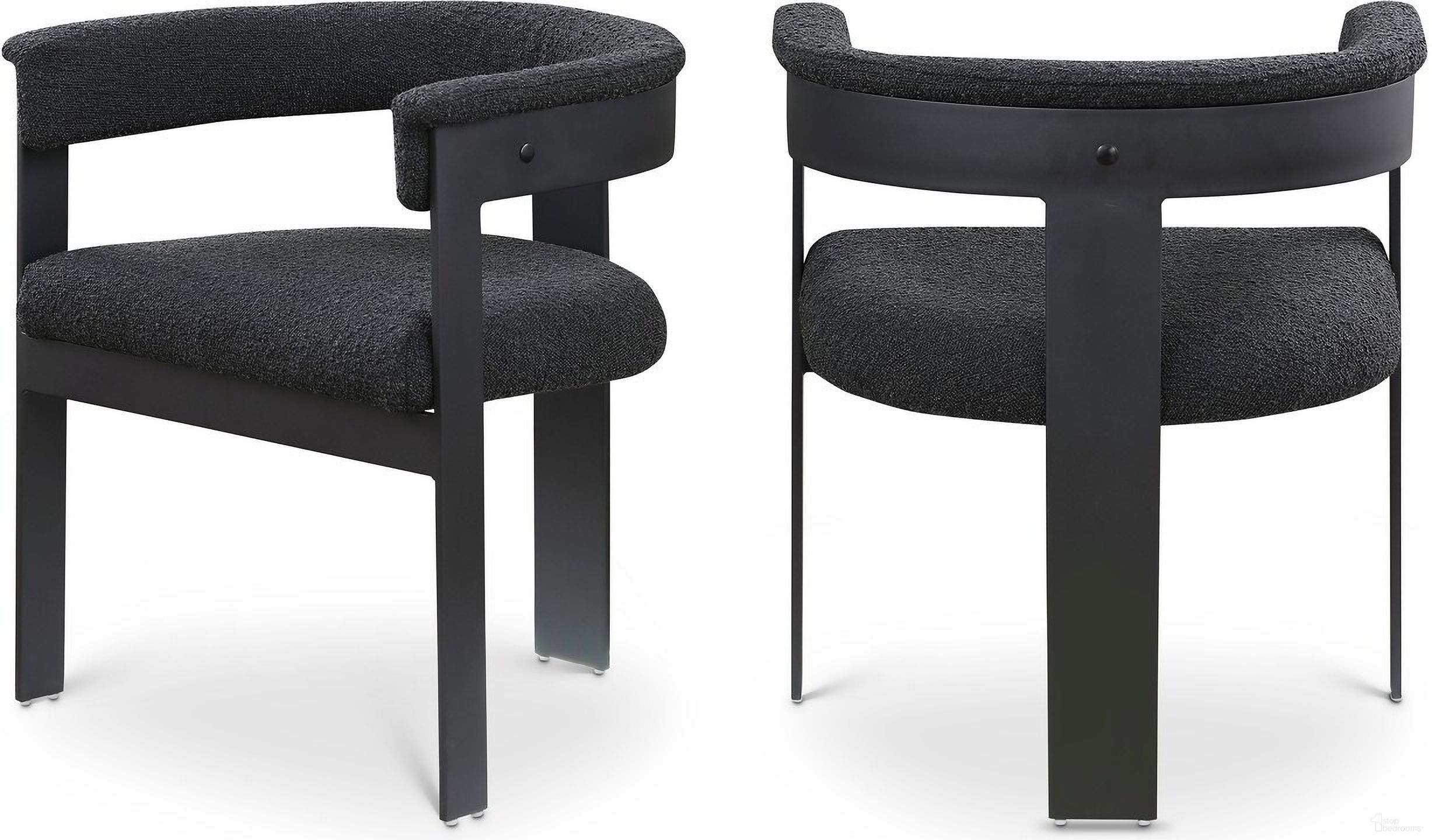The appearance of Romeo Boucle Fabric Dining Chair Set of 2 In Black/Matte Black Powder Coating designed by Meridian in the modern / contemporary interior design. This black piece of furniture was selected by 1StopBedrooms from Romeo Collection to add a touch of cosiness and style into your home. Sku: 471Black-C. Material: Wood. Chair Type: Arm Chair.
