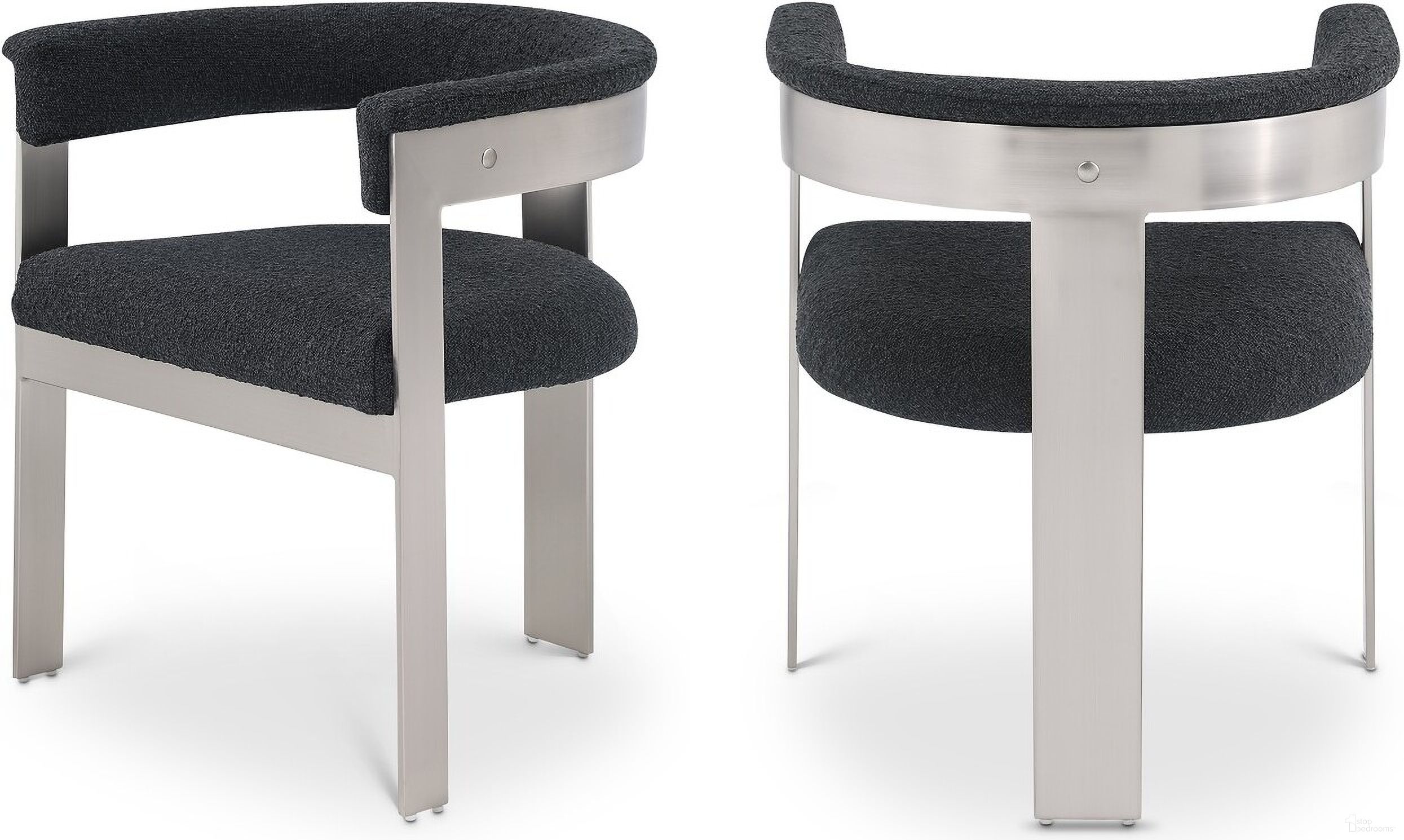 The appearance of Romeo Boucle Fabric Dining Chair Set of 2 In Black/Brushed Chrome designed by Meridian in the modern / contemporary interior design. This black piece of furniture was selected by 1StopBedrooms from Romeo Collection to add a touch of cosiness and style into your home. Sku: 727Black-C. Material: Wood. Chair Type: Arm Chair.