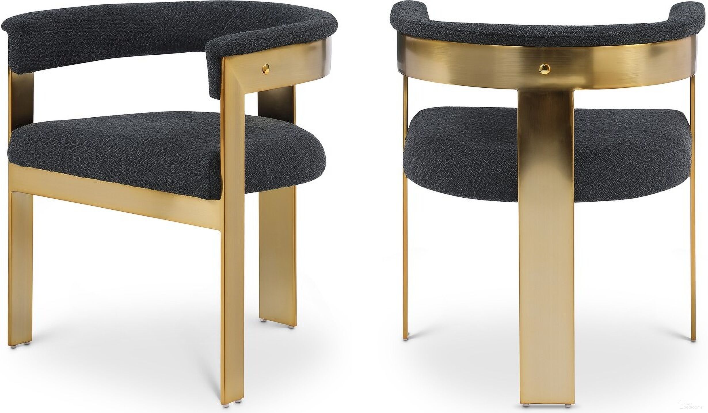 The appearance of Romeo Boucle Fabric Dining Chair Set of 2 In Black/Brushed Gold designed by Meridian in the modern / contemporary interior design. This black piece of furniture was selected by 1StopBedrooms from Romeo Collection to add a touch of cosiness and style into your home. Sku: 832Black-C. Material: Wood. Chair Type: Arm Chair.