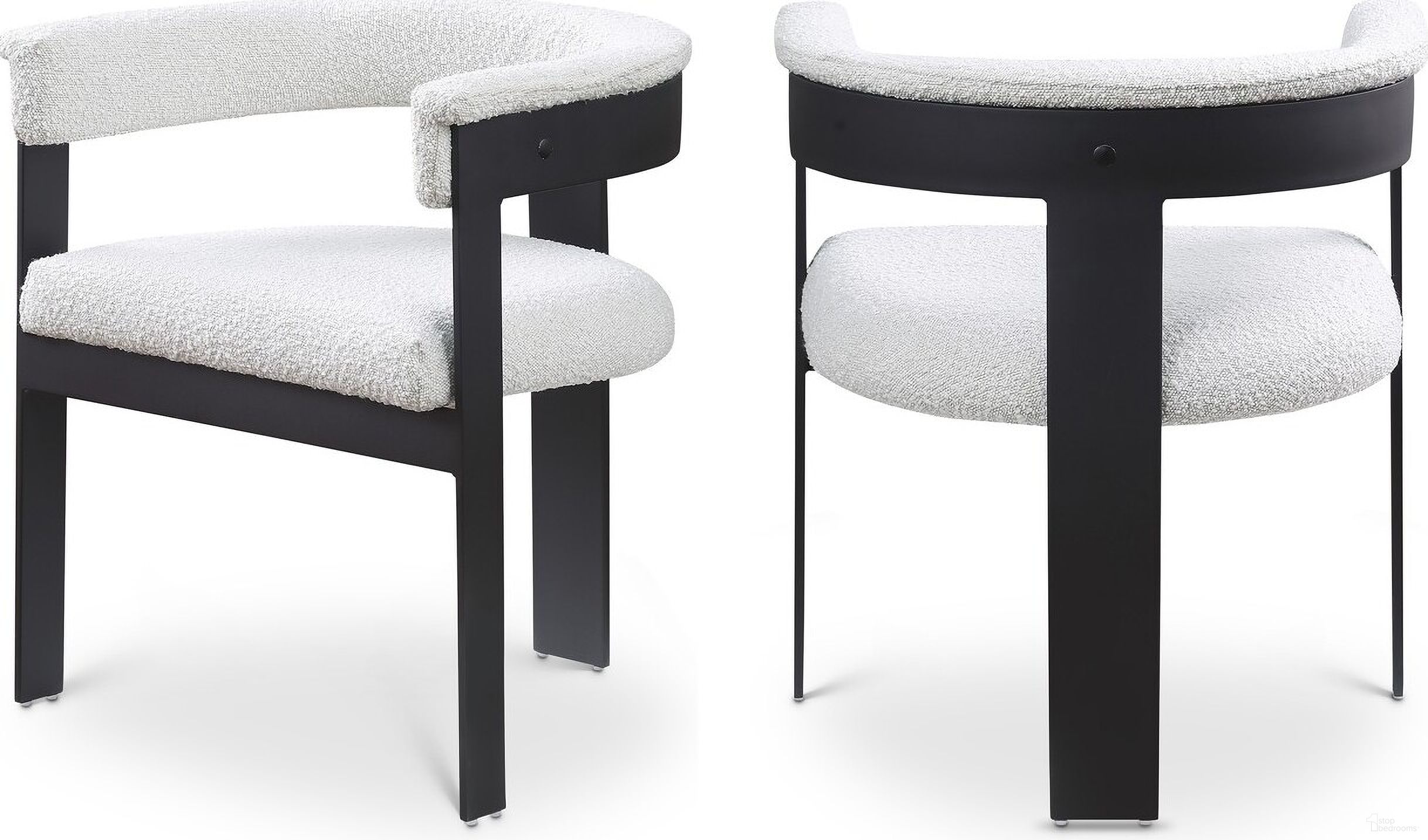 The appearance of Romeo Boucle Fabric Dining Chair Set of 2 In Cream/Matte Black Powder Coating designed by Meridian in the modern / contemporary interior design. This cream piece of furniture  was selected by 1StopBedrooms from Romeo Collection to add a touch of cosiness and style into your home. Sku: 471Cream-C. Material: Wood. Chair Type: Arm Chair.