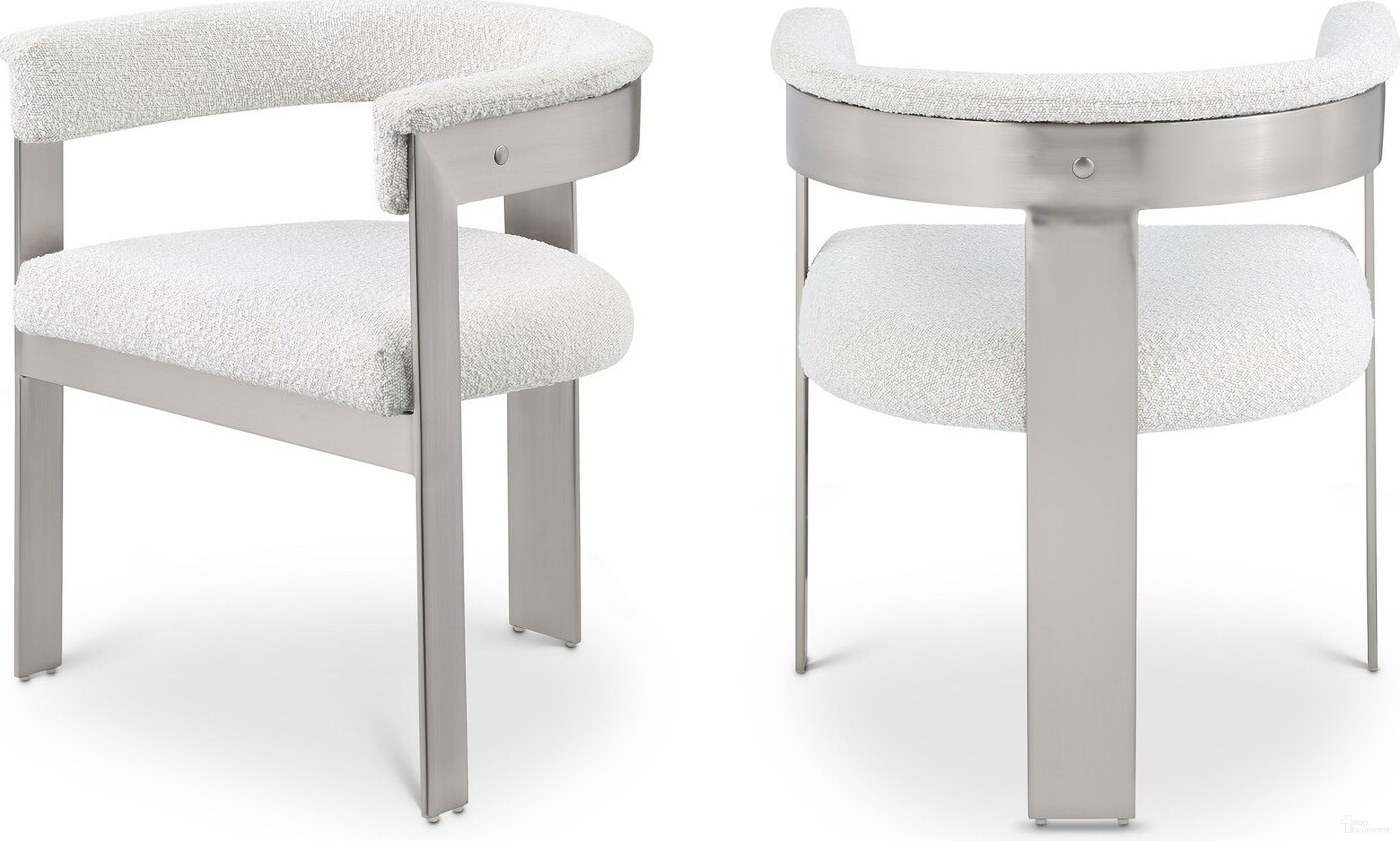 The appearance of Romeo Boucle Fabric Dining Chair Set of 2 In Cream/Brushed Chrome designed by Meridian in the modern / contemporary interior design. This cream piece of furniture was selected by 1StopBedrooms from Romeo Collection to add a touch of cosiness and style into your home. Sku: 727Cream-C. Material: Wood. Chair Type: Arm Chair.