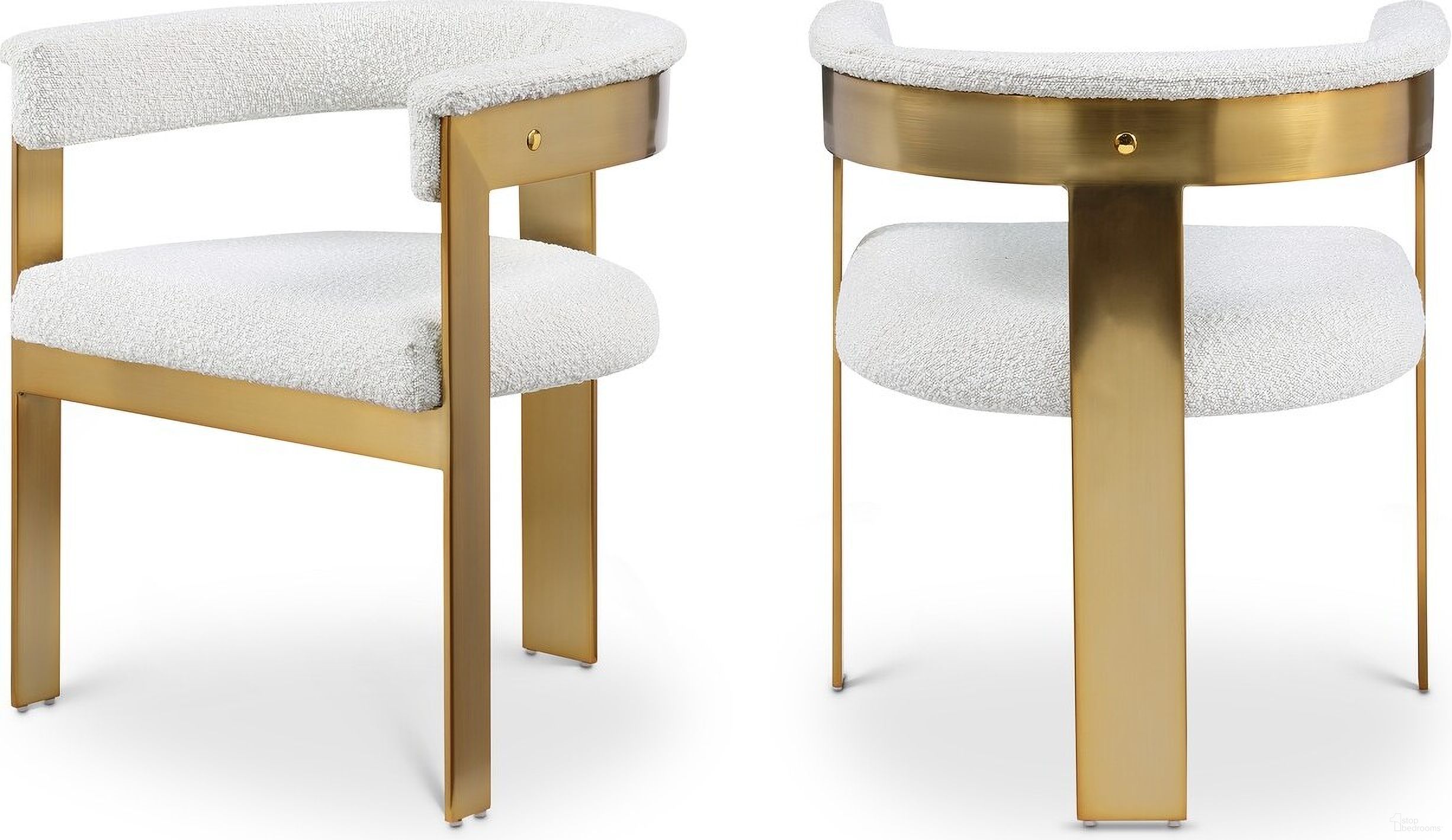The appearance of Romeo Boucle Fabric Dining Chair Set of 2 In White designed by Meridian in the modern / contemporary interior design. This cream piece of furniture was selected by 1StopBedrooms from Romeo Collection to add a touch of cosiness and style into your home. Sku: 832Cream-C. Material: Wood. Chair Type: Arm Chair.