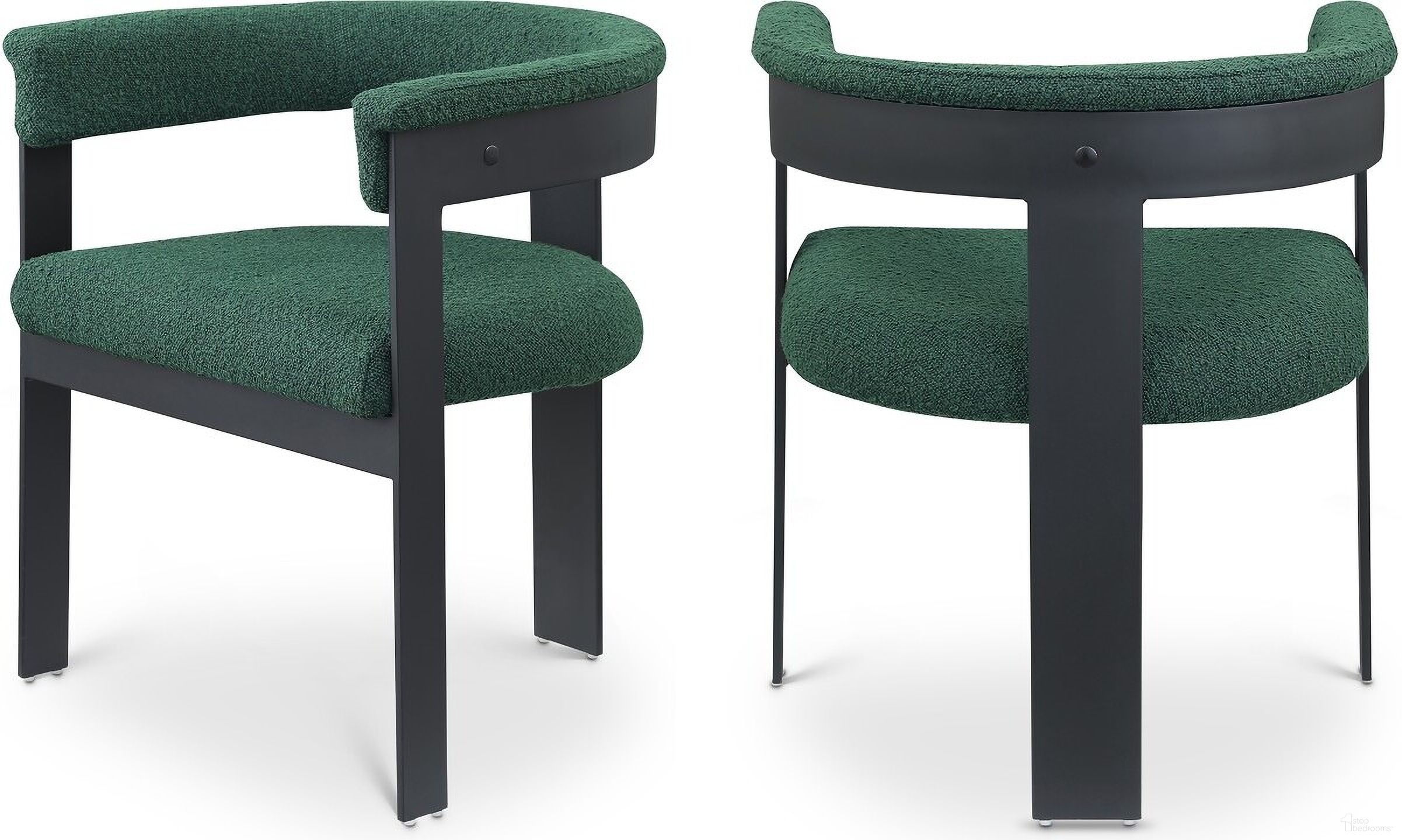 The appearance of Romeo Boucle Fabric Dining Chair Set of 2 In Green/Matte Black Powder Coating designed by Meridian in the modern / contemporary interior design. This green piece of furniture was selected by 1StopBedrooms from Romeo Collection to add a touch of cosiness and style into your home. Sku: 471Green-C. Material: Wood. Chair Type: Arm Chair.