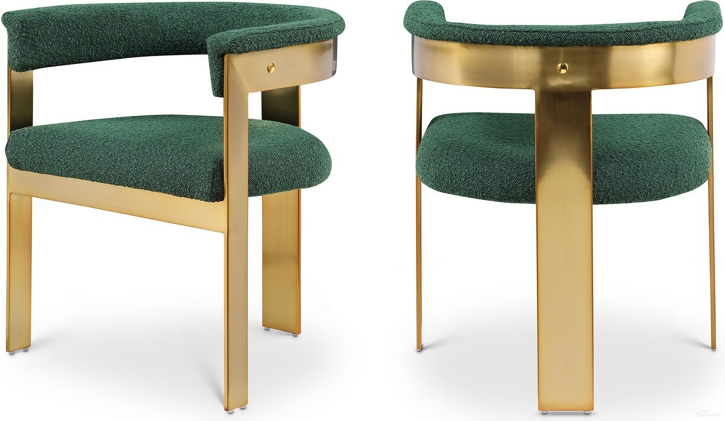 The appearance of Romeo Boucle Fabric Dining Chair Set of 2 In Green/Brushed Gold designed by Meridian in the modern / contemporary interior design. This green piece of furniture was selected by 1StopBedrooms from Romeo Collection to add a touch of cosiness and style into your home. Sku: 832Green-C. Material: Wood. Chair Type: Arm Chair.