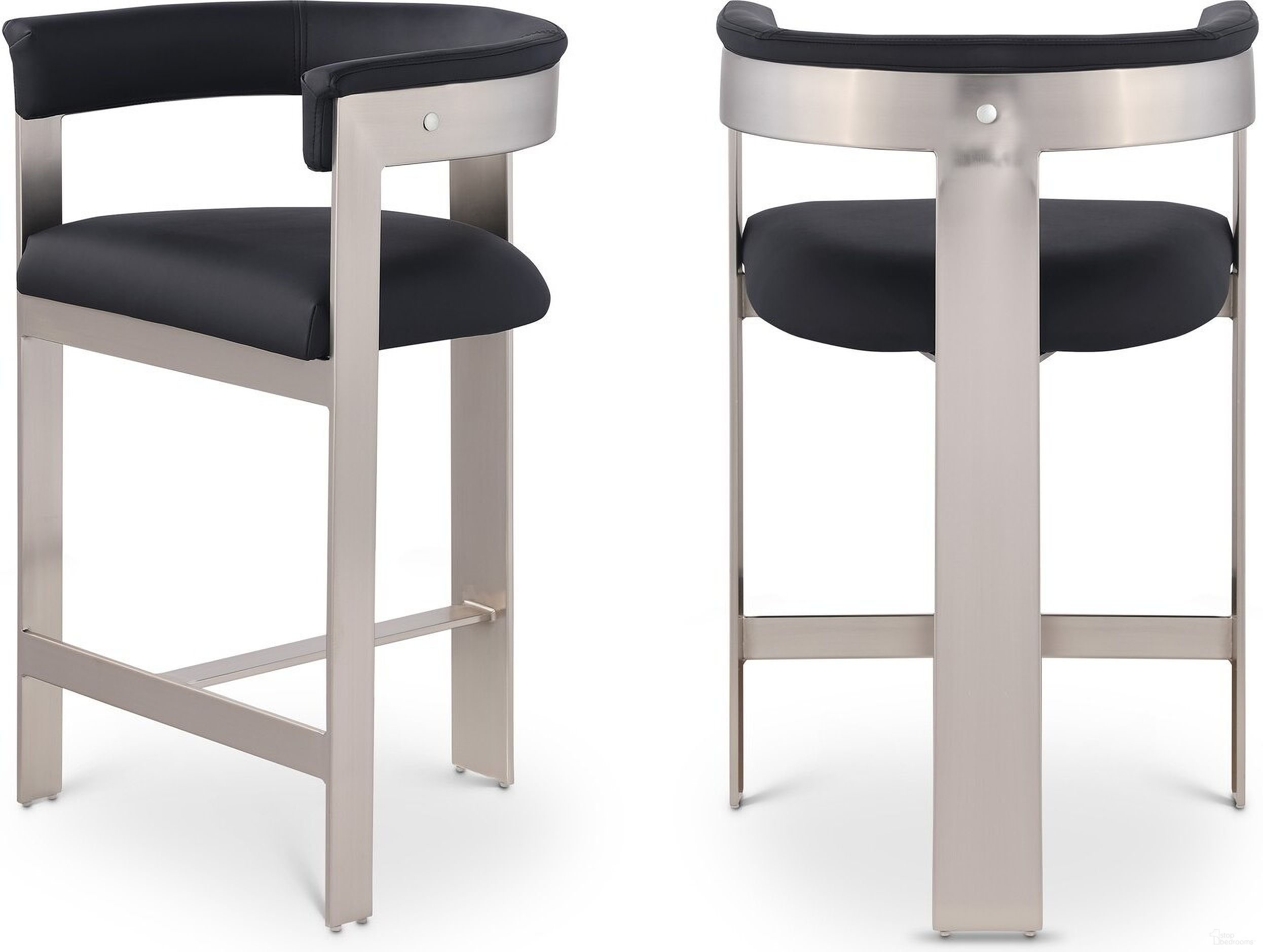 The appearance of Romeo Vegan Leather Counter Stool Set of 2 In Black/Brushed Chrome designed by Meridian in the modern / contemporary interior design. This black piece of furniture was selected by 1StopBedrooms from Romeo Collection to add a touch of cosiness and style into your home. Sku: 738Black-C. Material: Wood.