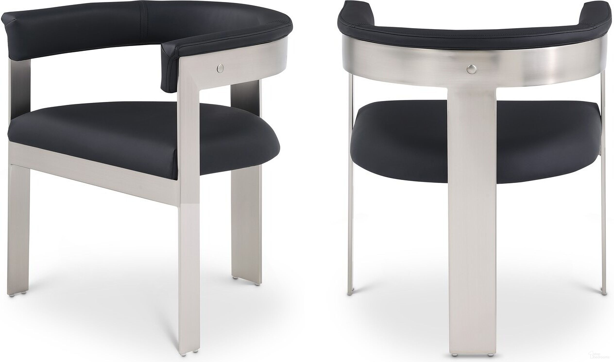 The appearance of Romeo Vegan Leather Dining Chair Set of 2 In Black/Brushed Chrome designed by Meridian in the modern / contemporary interior design. This black piece of furniture was selected by 1StopBedrooms from Romeo Collection to add a touch of cosiness and style into your home. Sku: 726Black-C. Material: Wood. Chair Type: Arm Chair.