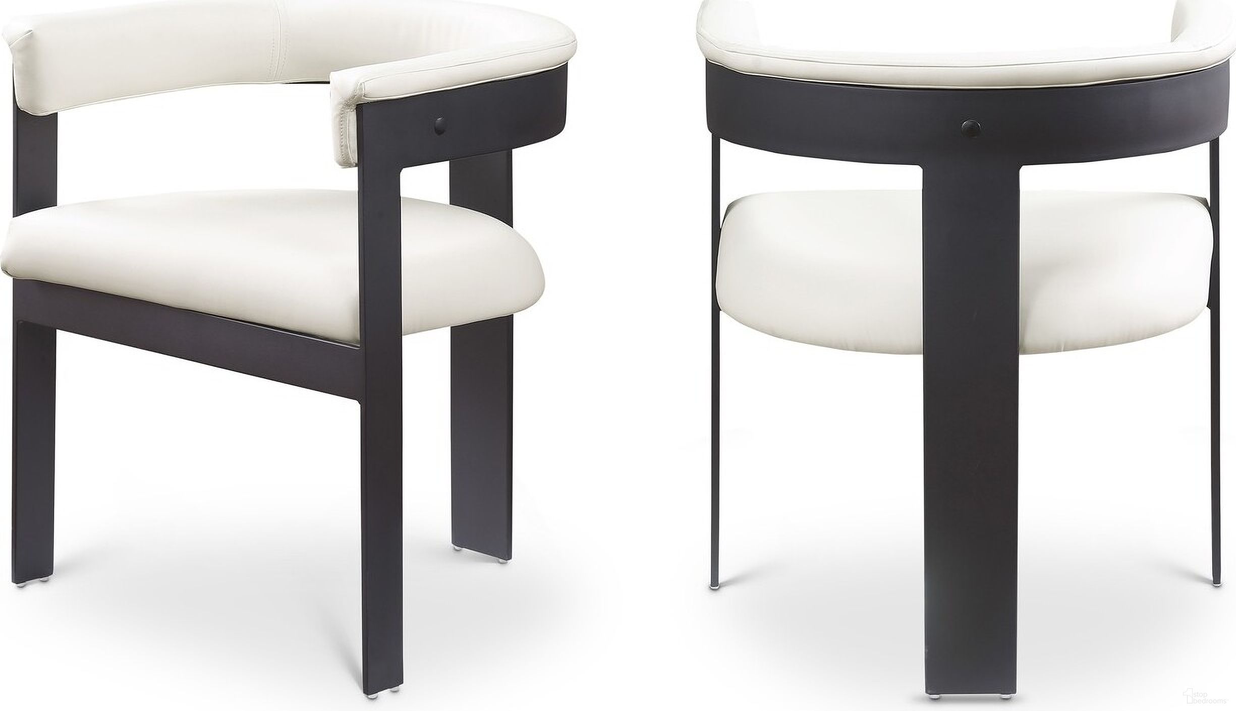 The appearance of Romeo Vegan Leather Dining Chair Set of 2 In Cream/Matte Black Powder Coating designed by Meridian in the modern / contemporary interior design. This cream piece of furniture  was selected by 1StopBedrooms from Romeo Collection to add a touch of cosiness and style into your home. Sku: 470Cream-C. Material: Wood. Chair Type: Arm Chair.
