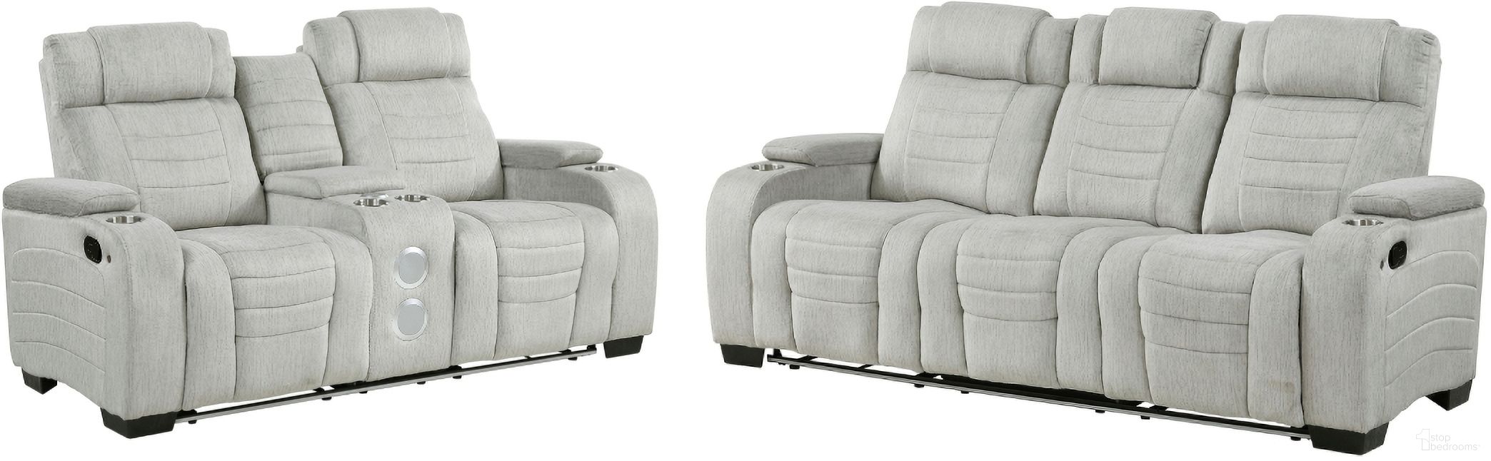 The appearance of Ronan Double Reclining Living Room Set with Cup Holder In Gray designed by Homelegance in the modern / contemporary interior design. This gray piece of furniture was selected by 1StopBedrooms from Ronan Collection to add a touch of cosiness and style into your home. Sku: 8455GRY-3;8455GRY-2. Material: Polyester.
