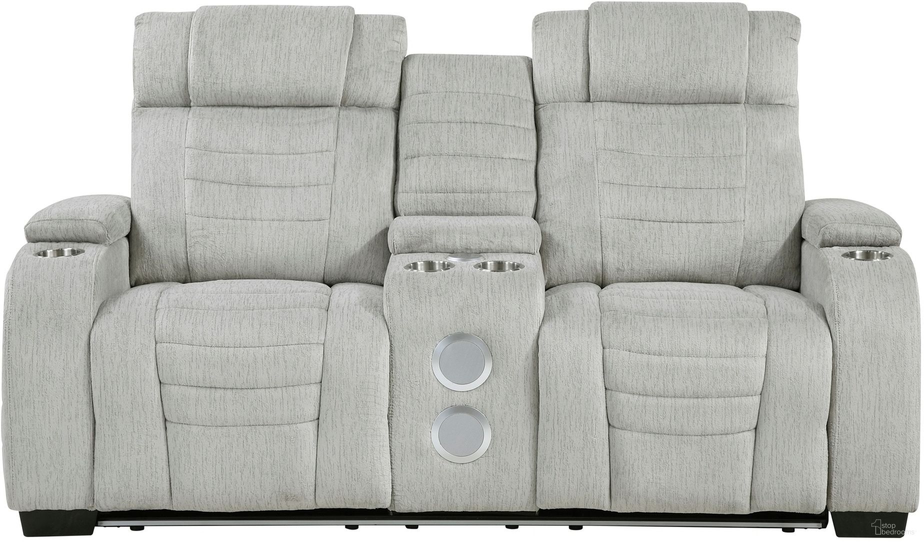 The appearance of Ronan Double Reclining Loveseat with Center Console and Cup holders In Gray designed by Homelegance in the modern / contemporary interior design. This gray piece of furniture was selected by 1StopBedrooms from Ronan Collection to add a touch of cosiness and style into your home. Sku: 8455GRY-2. Material: Polyester.