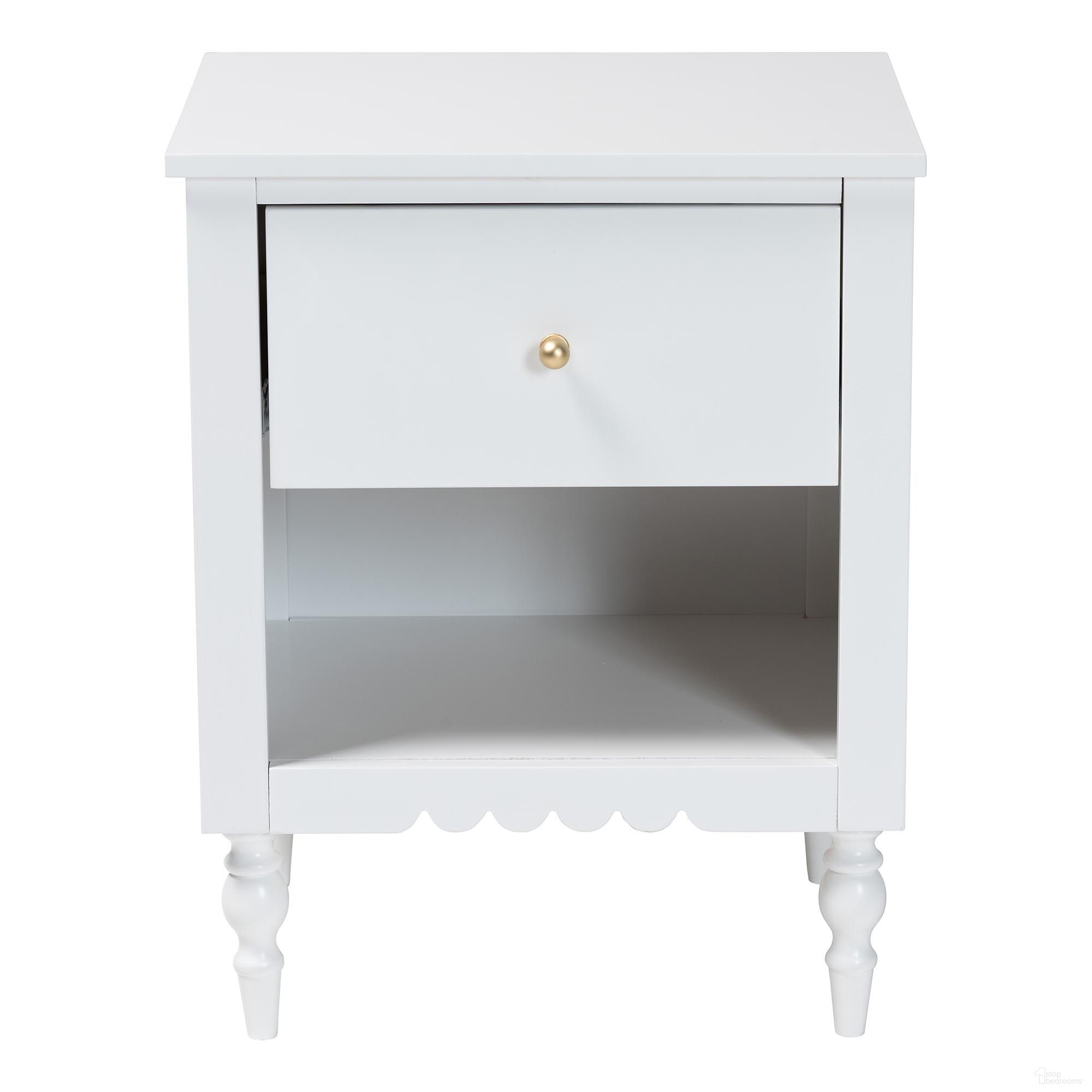 The appearance of Roni Wood 1-Drawer Nightstand with Scalloped Edges In White designed by Baxton Studio in the modern / contemporary interior design. This white piece of furniture was selected by 1StopBedrooms from Roni Collection to add a touch of cosiness and style into your home. Sku: Roni-White-NS. Material: Solid Rubberwood.