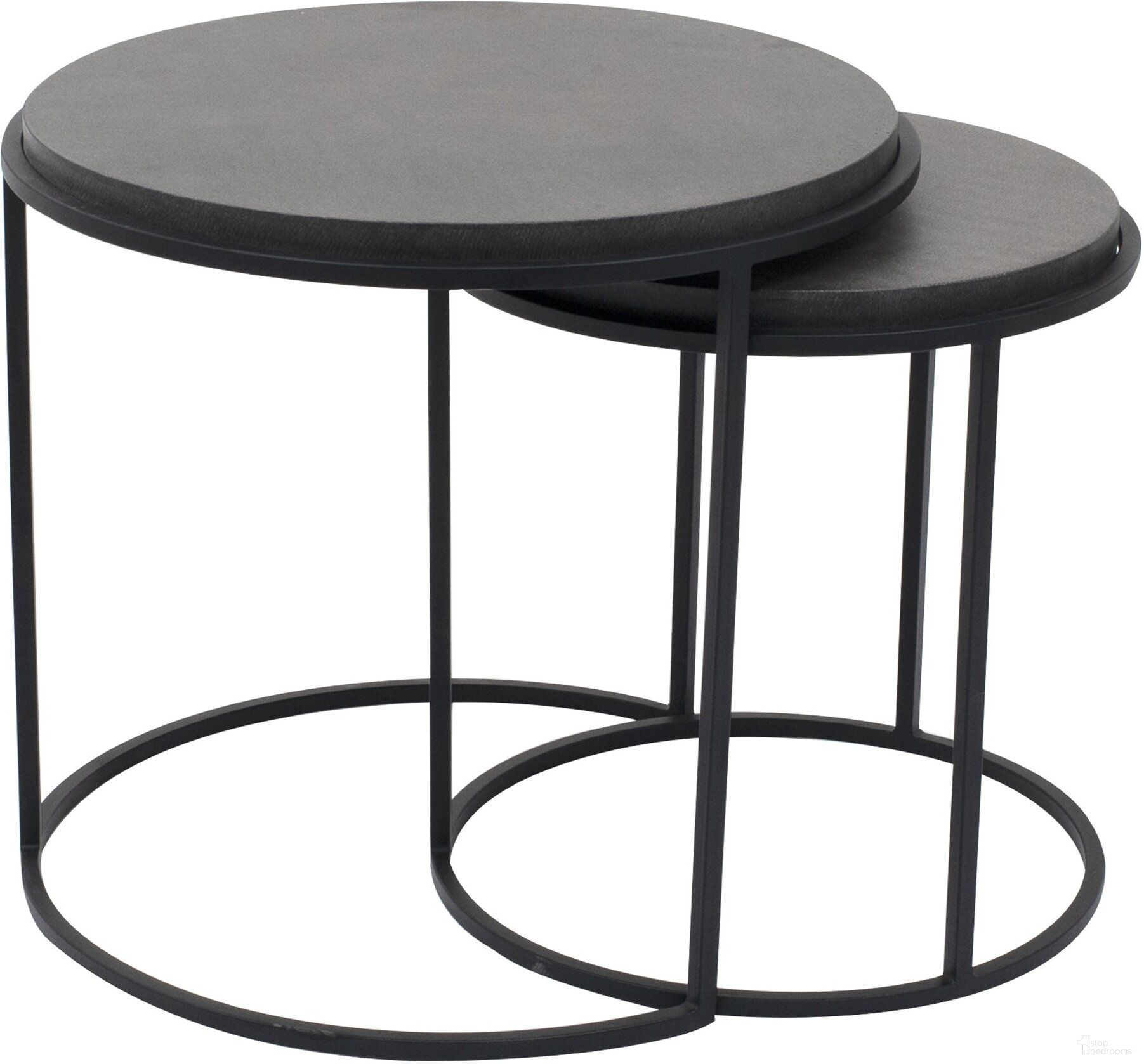 The appearance of Roost Modern Black 2 Piece Round Nesting Table designed by Moes Home in the modern / contemporary interior design. This black piece of furniture  was selected by 1StopBedrooms from Roost Collection to add a touch of cosiness and style into your home. Sku: VH-1008-02. Material: Stone.