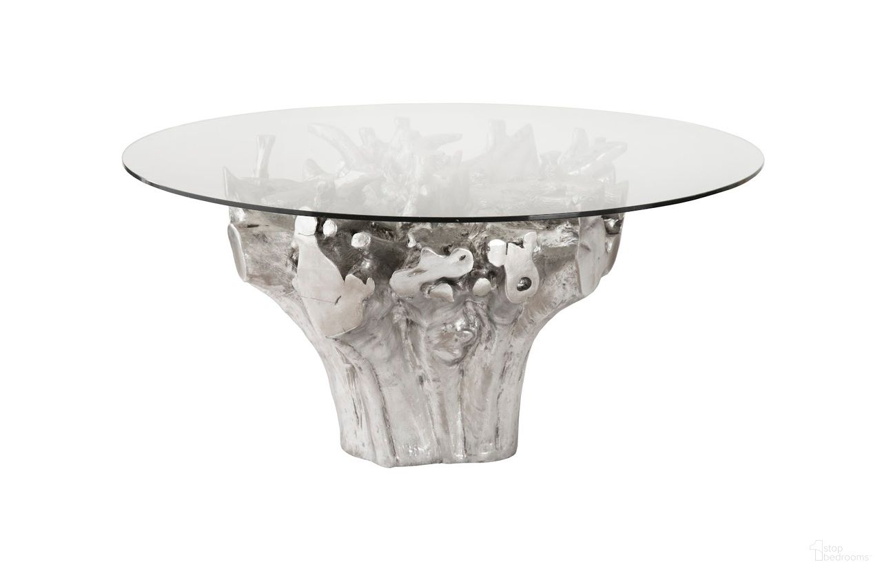 The appearance of Root Small Dining Table Base with Glass Top In Silver designed by Phillips Collection in the modern / contemporary interior design. This silver piece of furniture  was selected by 1StopBedrooms from  to add a touch of cosiness and style into your home. Sku: PH104330. Table Base Style: Pedestal. Table Top Shape: Round. Material: Resin. Size: 60".