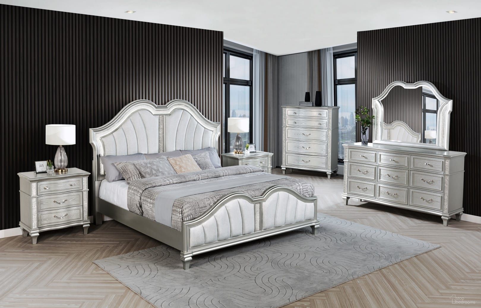 Rory Acacia Wood LED Panel Bedroom Set in Silver