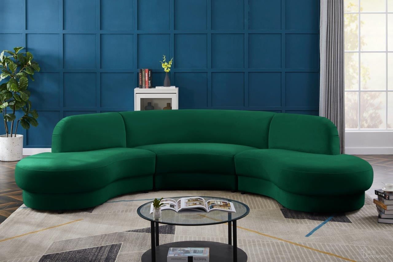 The appearance of Rosa 3-Piece Velvet Sectional In Green designed by Meridian in the modern / contemporary interior design. This green piece of furniture was selected by 1StopBedrooms from Rosa Collection to add a touch of cosiness and style into your home. Sku: 628Green-Sectional Box 1/3 (Left Chaise);628Green-Sectional Box 2/3 (Middle Loveseat);628Green-Sectional Box 3/3 (Right Chaise). Material: Velvet. Layout: Curved.