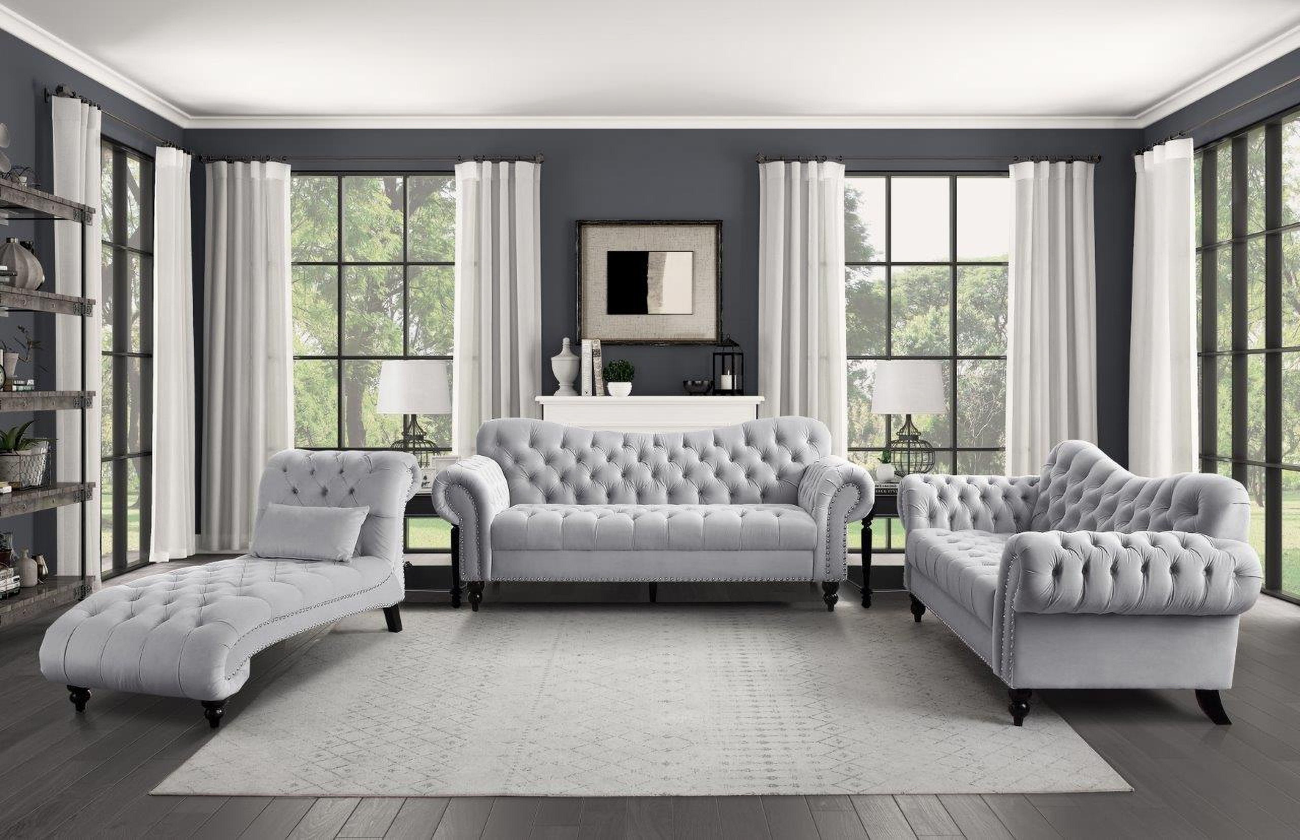 Grey tufted living room set new arrivals