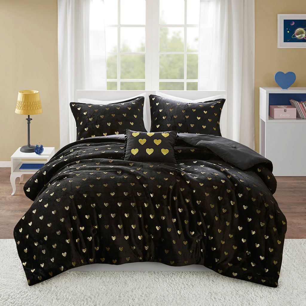 Rosalie Metallic Printed Plush 4 Piece Full/Queen Comforter Set with Throw Pillow In Black and Gold