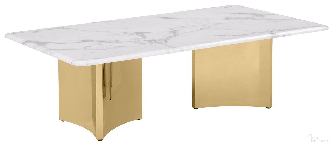 The appearance of Rosauria Marble Rectangular Coffee Table in White and Gold designed by Best Quality Furniture in the glam interior design. This white/gold piece of furniture  was selected by 1StopBedrooms from Rosauria Collection to add a touch of cosiness and style into your home. Sku: CT464-CTT;CT464-CTB. Material: Marble.