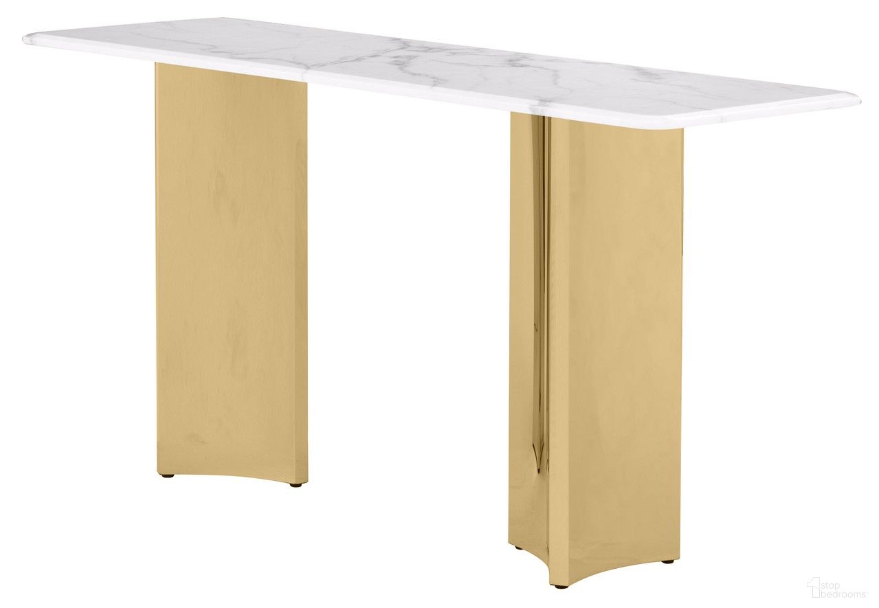 The appearance of Rosauria Marble Rectangular Console Table in White and Gold designed by Best Quality Furniture in the glam interior design. This white/gold piece of furniture  was selected by 1StopBedrooms from Rosauria Collection to add a touch of cosiness and style into your home. Sku: CT466-STT;CT466-STB. Material: Marble.