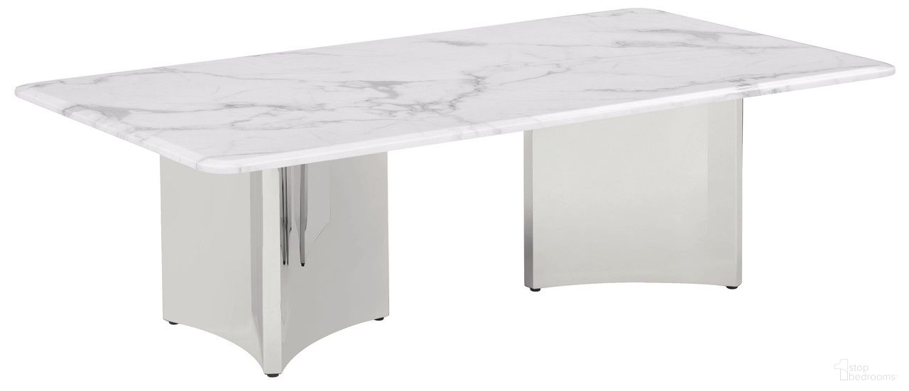 The appearance of Rosauria Rectangular Coffee Table in White and Silver designed by Best Quality Furniture in the glam interior design. This white/silver piece of furniture  was selected by 1StopBedrooms from Rosauria Collection to add a touch of cosiness and style into your home. Sku: CT460-CTT;CT460-CTB. Material: Marble.