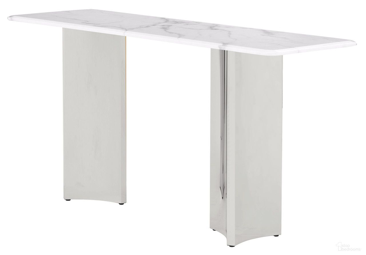 The appearance of Rosauria Rectangular Console Table in White and Silver designed by Best Quality Furniture in the glam interior design. This white/silver piece of furniture  was selected by 1StopBedrooms from Rosauria Collection to add a touch of cosiness and style into your home. Sku: CT462-STT;CT462-STB. Material: Marble.
