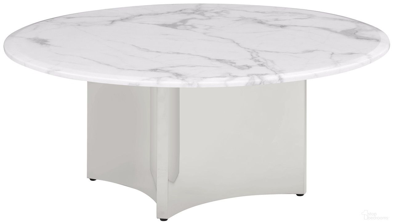 The appearance of Rosauria Round Coffee Table in White and Silver designed by Best Quality Furniture in the glam interior design. This white/silver piece of furniture  was selected by 1StopBedrooms from Rosauria Collection to add a touch of cosiness and style into your home. Sku: CT463-CTT;CT463-CTB. Material: Marble.