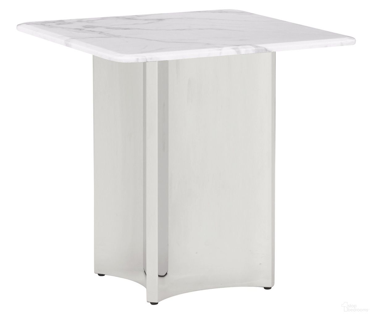 The appearance of Rosauria Square End Table in White and Silver designed by Best Quality Furniture in the glam interior design. This white/silver piece of furniture  was selected by 1StopBedrooms from Rosauria Collection to add a touch of cosiness and style into your home. Sku: CT461-ETT;CT461-ETB. Material: Marble.