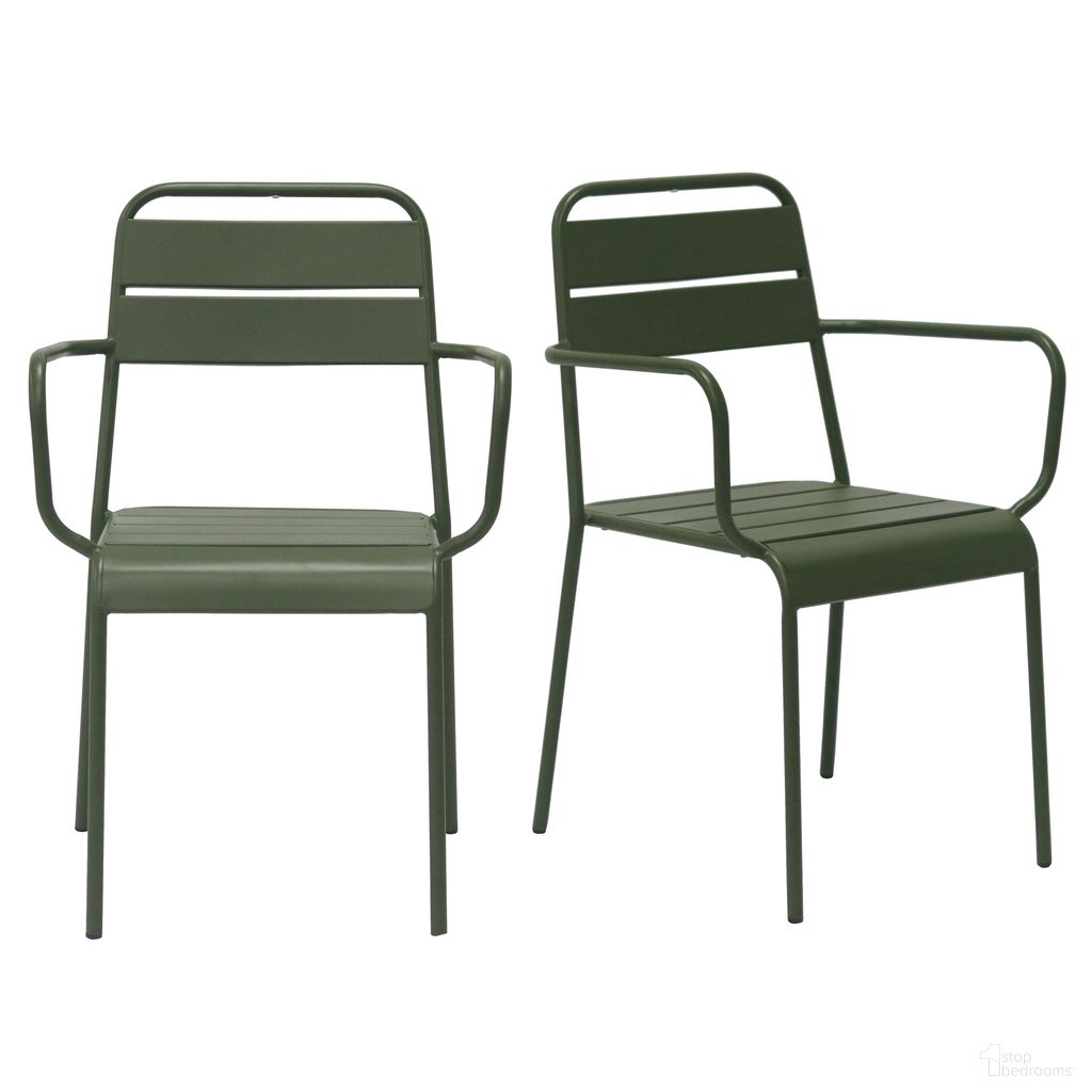 The appearance of Rosco Stackable Outdoor Armchair Set of 2 In Dark Green designed by Euro Style in the modern / contemporary interior design. This dark green piece of furniture  was selected by 1StopBedrooms from Rosco Collection to add a touch of cosiness and style into your home. Sku: 90865-DKGRN. Material: Steel.