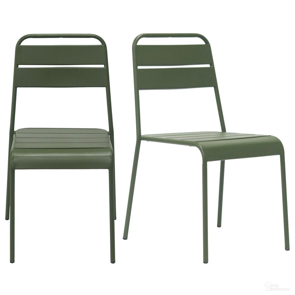 The appearance of Rosco Stackable Outdoor Side Chair Set of 2 In Dark Green designed by Euro Style in the modern / contemporary interior design. This dark green piece of furniture  was selected by 1StopBedrooms from Rosco Collection to add a touch of cosiness and style into your home. Sku: 90867-DKGRN. Material: Steel.
