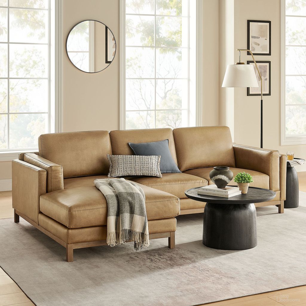 The appearance of Roscoe Left-Facing Vegan Leather Sectional Sofa With Chaise In Toast designed by Modway in the transitional interior design. This toast piece of furniture was selected by 1StopBedrooms from Roscoe Collection to add a touch of cosiness and style into your home. Sku: EEI-7339-TST;EEI-7340-TST. Material: Leather.