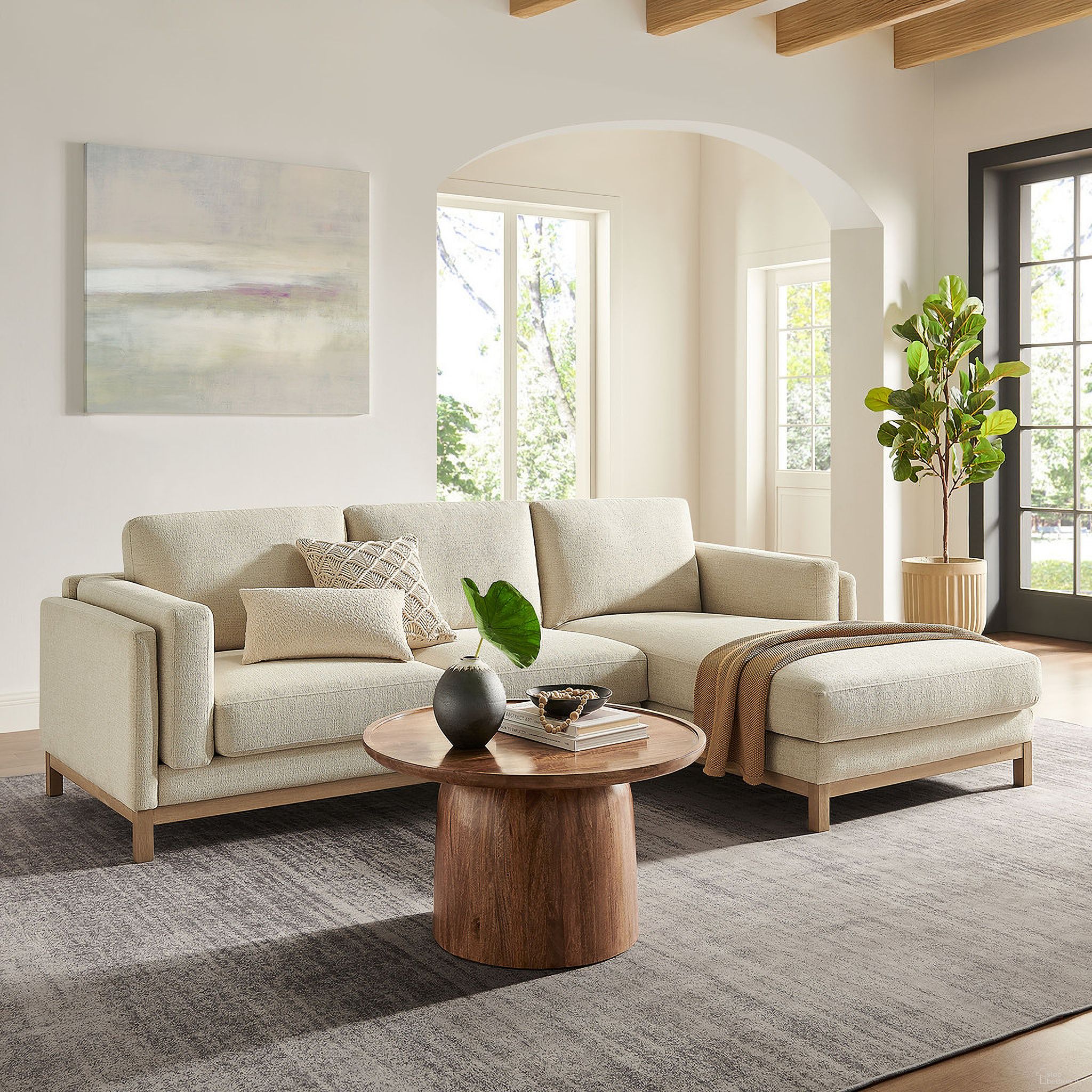 The appearance of Roscoe Right-Facing Fabric Sectional Sofa With Chaise In Ivory designed by Modway in the transitional interior design. This ivory piece of furniture  was selected by 1StopBedrooms from Roscoe Collection to add a touch of cosiness and style into your home. Sku: EEI-7333-IVO;EEI-7334-IVO. Material: Chenille.