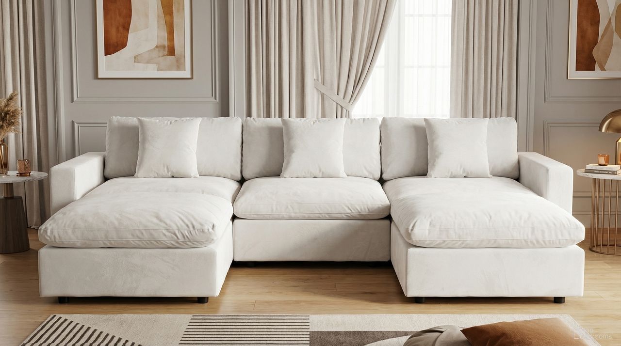 The appearance of Rosedale 3PC Modular Sectional with 2 Reversible Ottoman In Beige Velvet designed by Premier Home in the modern / contemporary interior design. This beige piece of furniture  was selected by 1StopBedrooms from Rosedale Collection to add a touch of cosiness and style into your home. Sku: FS032-BG-AR;FS032-BG-AR;FS032-BG-AR;FS032-BG-AR;FS032-BG-AR;FS032-BG-ST;FS032-BG-ST;FS032-BG-ST;FS032-BG-ST;FS032-BG-ST. Material: Velvet. Layout: U-Shape.