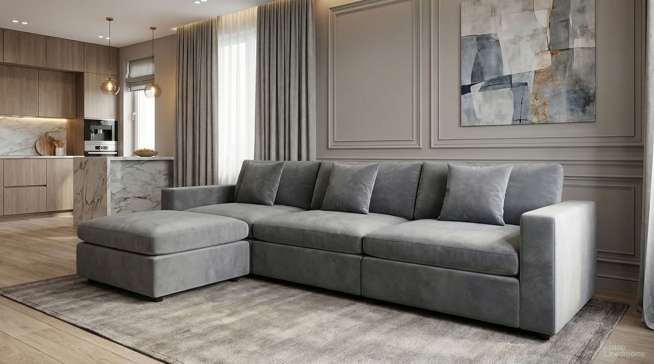 The appearance of Rosedale 3Pc Modular Sectional with Reversible Ottoman In Grey Velvet designed by Premier Home in the modern / contemporary interior design. This grey piece of furniture was selected by 1StopBedrooms from Rosedale Collection to add a touch of cosiness and style into your home. Sku: FS032-GR-AR;FS032-GR-AR;FS032-GR-AR;FS032-GR-AR;FS032-GR-AR;FS032-GR-ST;FS032-GR-ST;FS032-GR-ST;FS032-GR-ST. Material: Velvet. Layout: Sofa & Chaise.