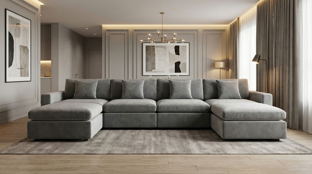 The appearance of Rosedale 4PC Modular Sectional with 2 Reversible Ottoman In Grey Velvet designed by Premier Home in the modern / contemporary interior design. This grey piece of furniture  was selected by 1StopBedrooms from Rosedale Collection to add a touch of cosiness and style into your home. Sku: FS032-GR-AR;FS032-GR-AR;FS032-GR-AR;FS032-GR-AR;FS032-GR-AR;FS032-GR-AR;FS032-GR-ST;FS032-GR-ST;FS032-GR-ST;FS032-GR-ST;FS032-GR-ST;FS032-GR-ST. Material: Velvet. Layout: U-Shape.