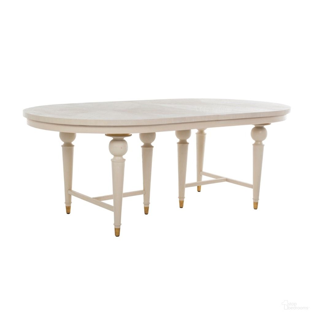 The appearance of Rosemary Dining Table In Cerused White and Stained Gold designed by Gabby in the transitional interior design. This cerused white/stained gold piece of furniture  was selected by 1StopBedrooms from Rosemary Collection to add a touch of cosiness and style into your home. Sku: SCH-167045. Table Base Style: Trestle. Table Top Shape: Oval. Size: 43" x 83". Material: Mindi Veneer.