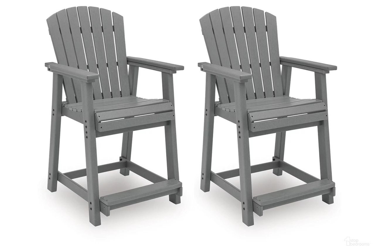 The appearance of Ross Cove Outdoor Counter Height Bar Stool In Dark Gray designed by Signature Design by Ashley in the modern / contemporary interior design. This dark gray piece of furniture was selected by 1StopBedrooms from Ross Cove Collection to add a touch of cosiness and style into your home. Sku: P227-124. Material: HDPE.