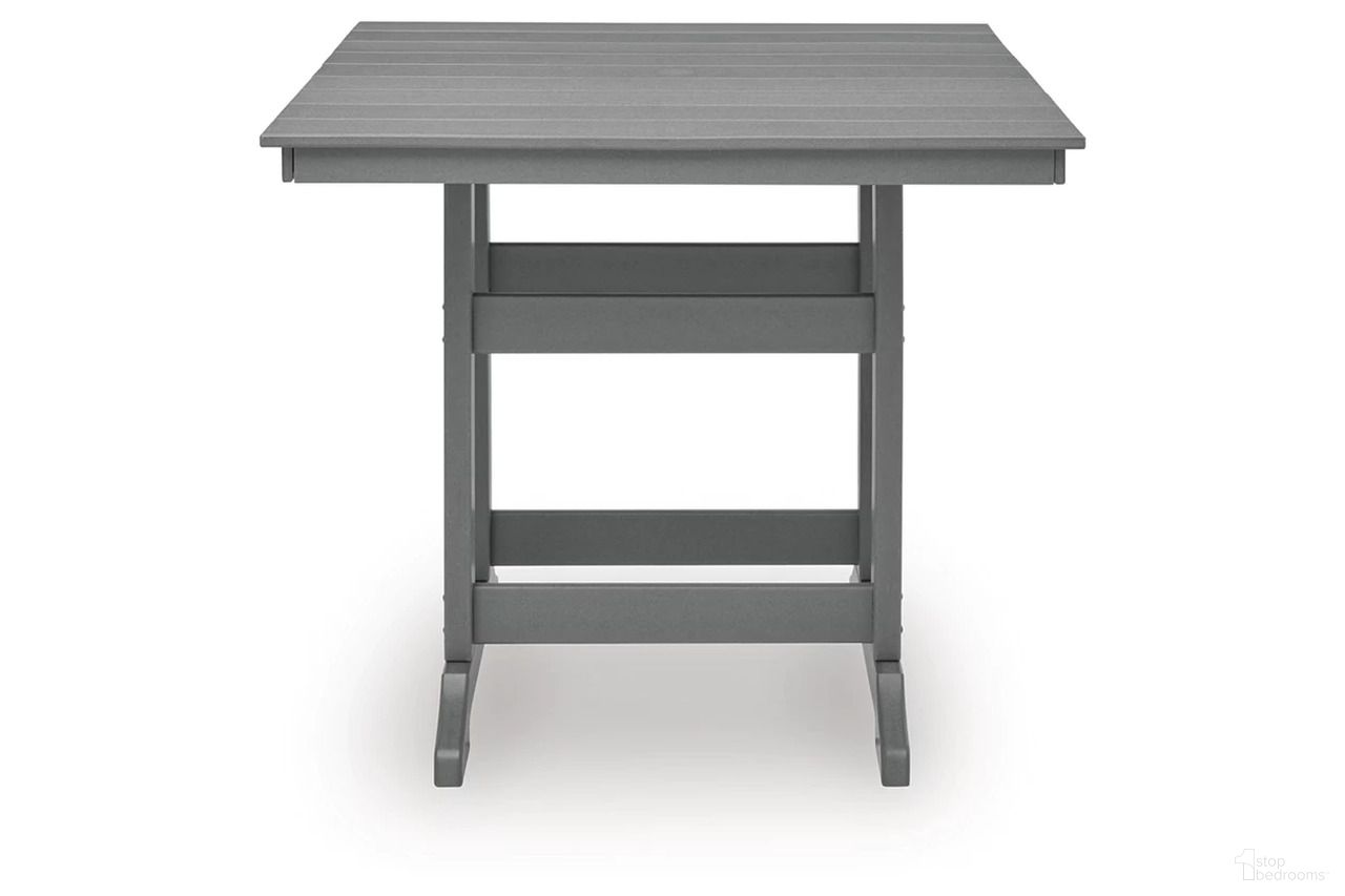 The appearance of Ross Cove Outdoor Counter Height Dining Table In Dark Gray designed by Signature Design by Ashley in the modern / contemporary interior design. This dark gray piece of furniture  was selected by 1StopBedrooms from Ross Cove Collection to add a touch of cosiness and style into your home. Sku: P227-632. Table Base Style: Trestle. Table Top Shape: Square. Material: HDPE.