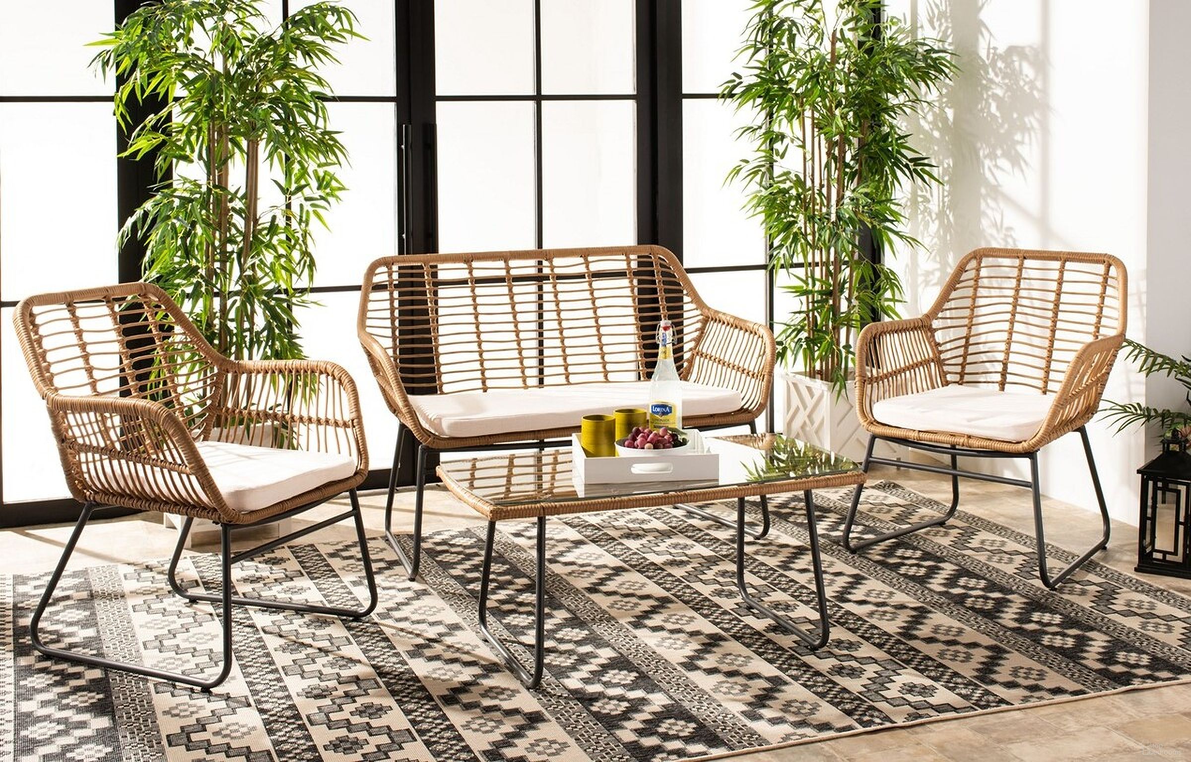 The appearance of Roston 4 Piece Living Set In Natural and White designed by Safavieh in the modern / contemporary interior design. This natural/white piece of furniture  was selected by 1StopBedrooms from Roston Collection to add a touch of cosiness and style into your home. Sku: PAT9005A-2BX. Material: Steel.