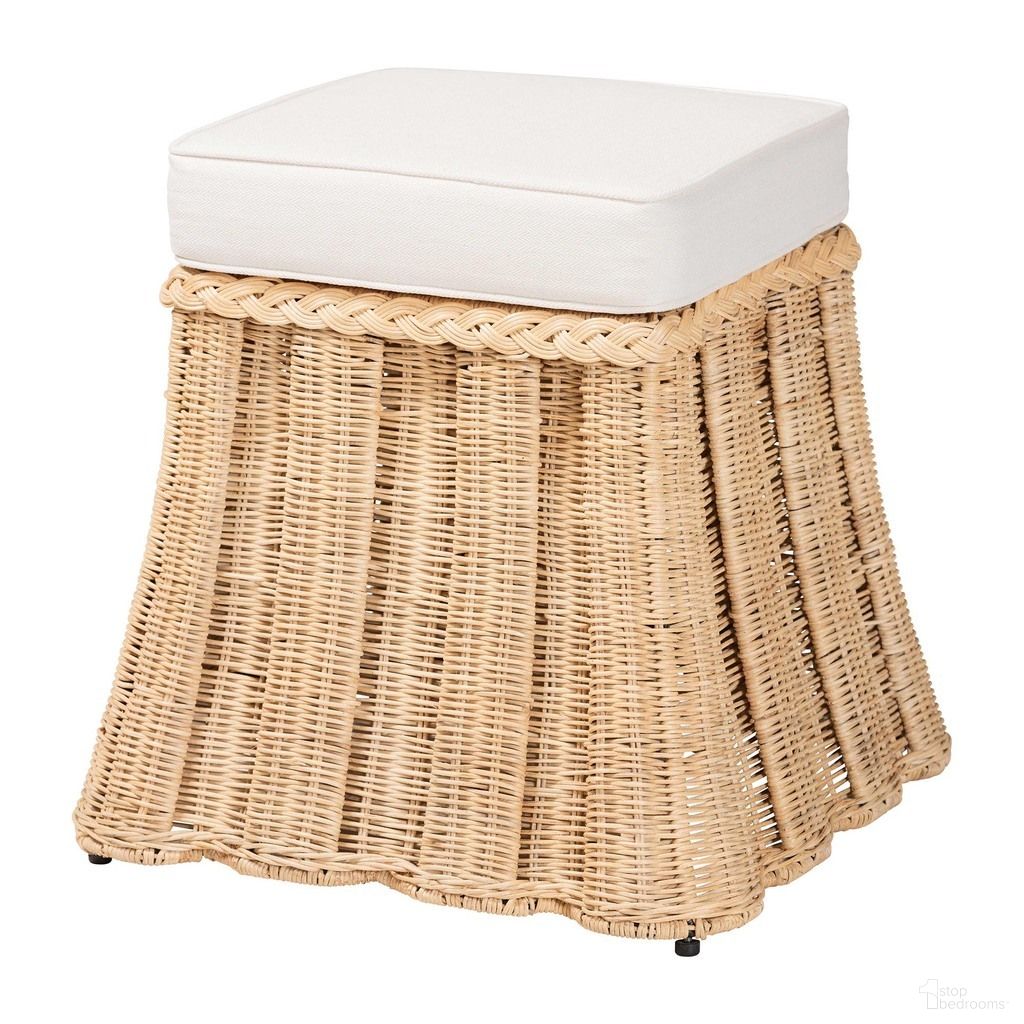 Rotem Handwoven Rattan Small Ottoman with Cushion In Natural Brown