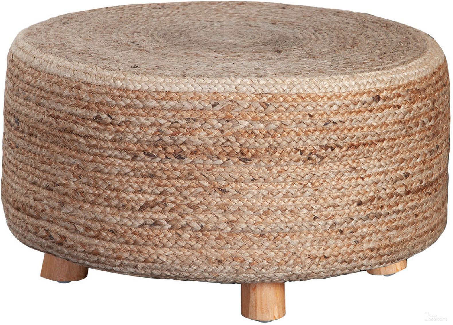 Round Accent Stool In Natural Jute Fiber With Wood Legs