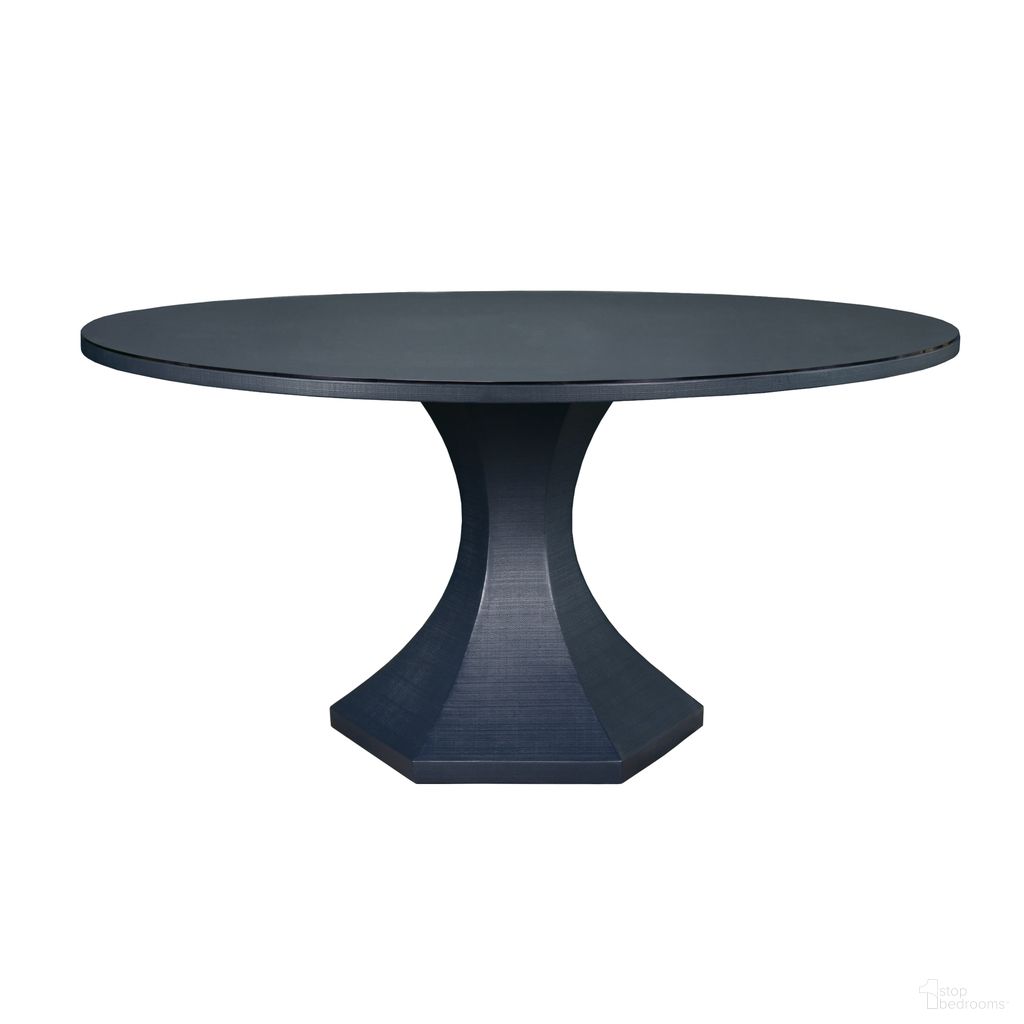 The appearance of Round Dining Table In Blue designed by Worlds Away in the  interior design. This blue piece of furniture  was selected by 1StopBedrooms from  to add a touch of cosiness and style into your home. Sku: BRYCE NVY. Table Base Style: Pedestal. Table Top Shape: Round. Size: 60". Material: Solid Wood.
