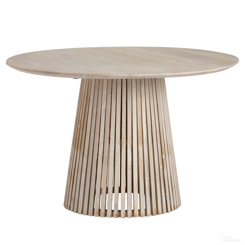 The appearance of Round Dining Table In Tan designed by Crestview Collection in the transitional interior design. This tan piece of furniture  was selected by 1StopBedrooms from  to add a touch of cosiness and style into your home. Sku: CVFNR4570. Table Base Style: Pedestal. Table Top Shape: Round. Size: 48". Material: Solid Wood.
