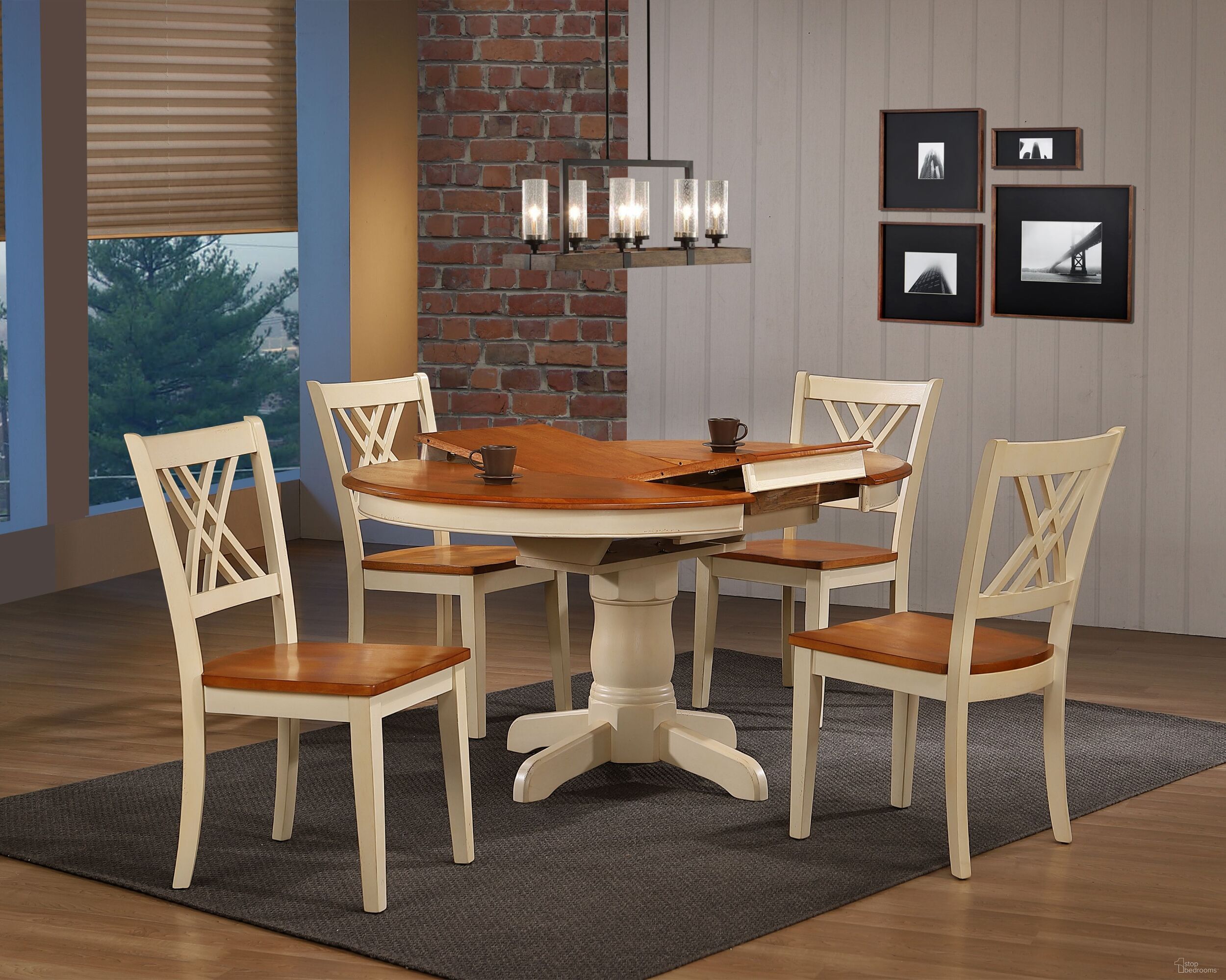 The appearance of Round Double X- Back 5-Piece Dining Set In Caramel and Biscotti designed by Iconic Furniture in the transitional interior design. This caramel and biscotti piece of furniture was selected by 1StopBedrooms from Classics Collection to add a touch of cosiness and style into your home. Sku: RD42WCH56CLBI5PC. Table Base Style: Pedestal. Table Top Shape: Round. Material: Rubberwood.