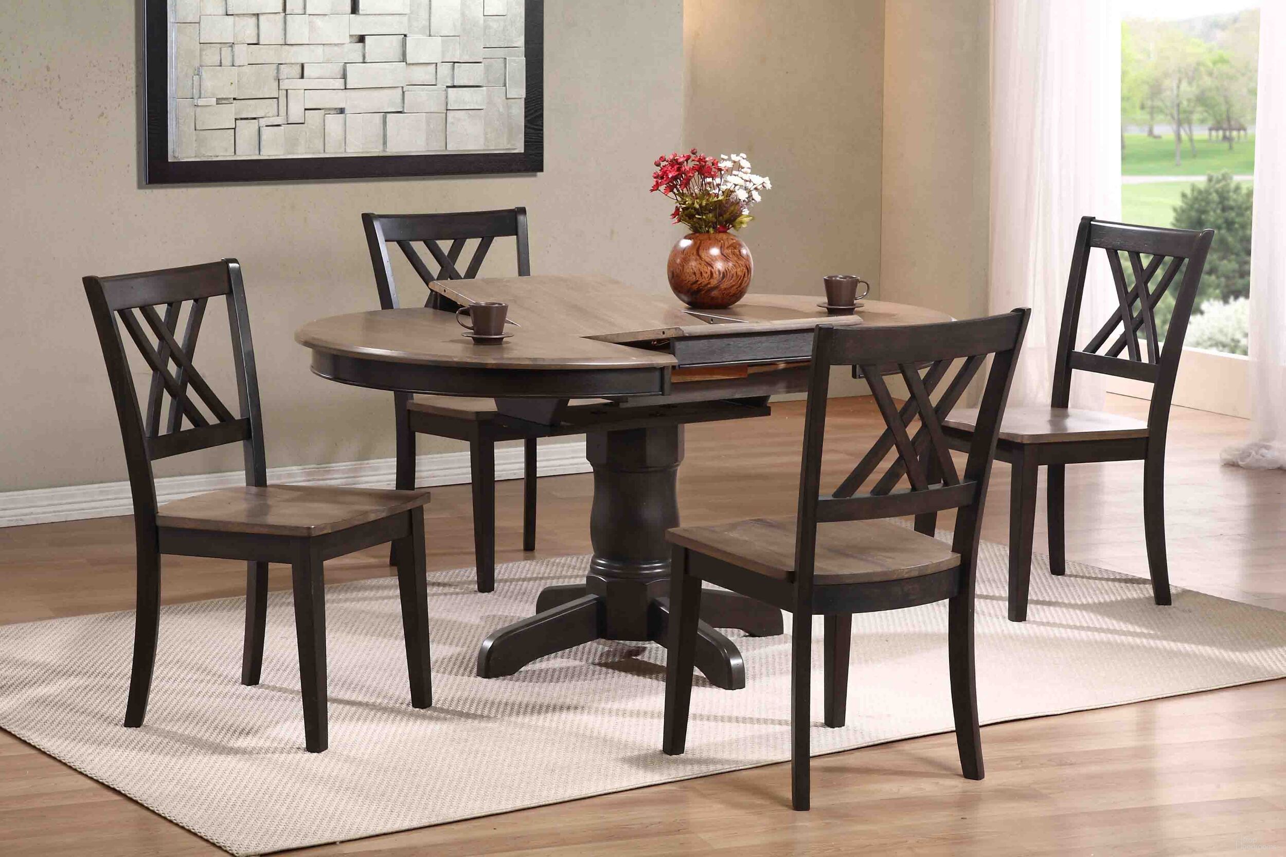 The appearance of Round Double X- Back 5-Piece Dining Set In Grey Stone and Black Stone designed by Iconic Furniture in the transitional interior design. This grey stone and black stone piece of furniture was selected by 1StopBedrooms from Classics Collection to add a touch of cosiness and style into your home. Sku: RD42WCH56GRSBKS5PC. Table Base Style: Pedestal. Table Top Shape: Round. Material: Rubberwood.