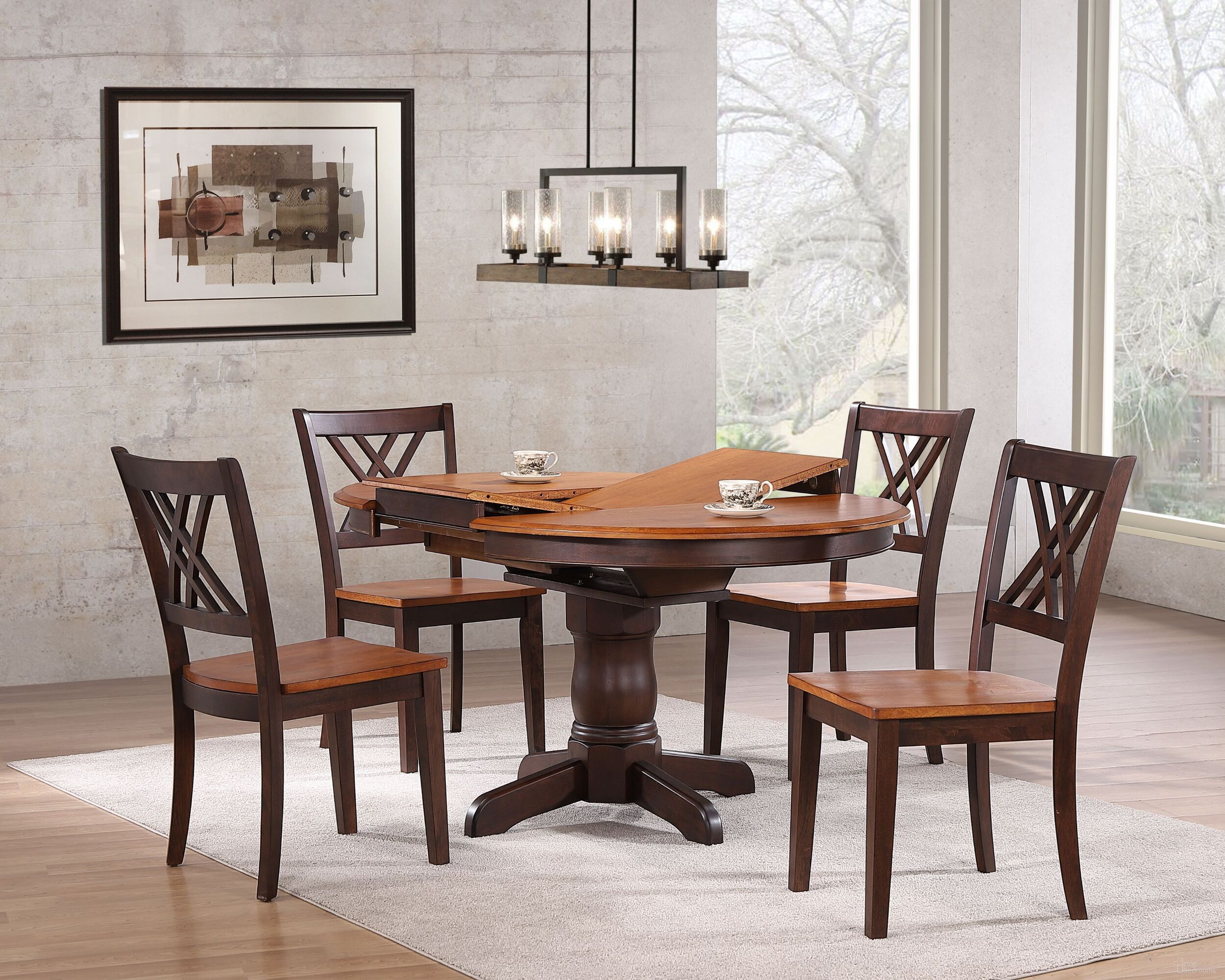 The appearance of Round Double X- Back 5-Piece Dining Set In Whiskey and Mocha designed by Iconic Furniture in the transitional interior design. This whiskey and mocha piece of furniture  was selected by 1StopBedrooms from Classics Collection to add a touch of cosiness and style into your home. Sku: RD42WCH56WYMA5PC. Table Base Style: Pedestal. Table Top Shape: Round. Material: Rubberwood.